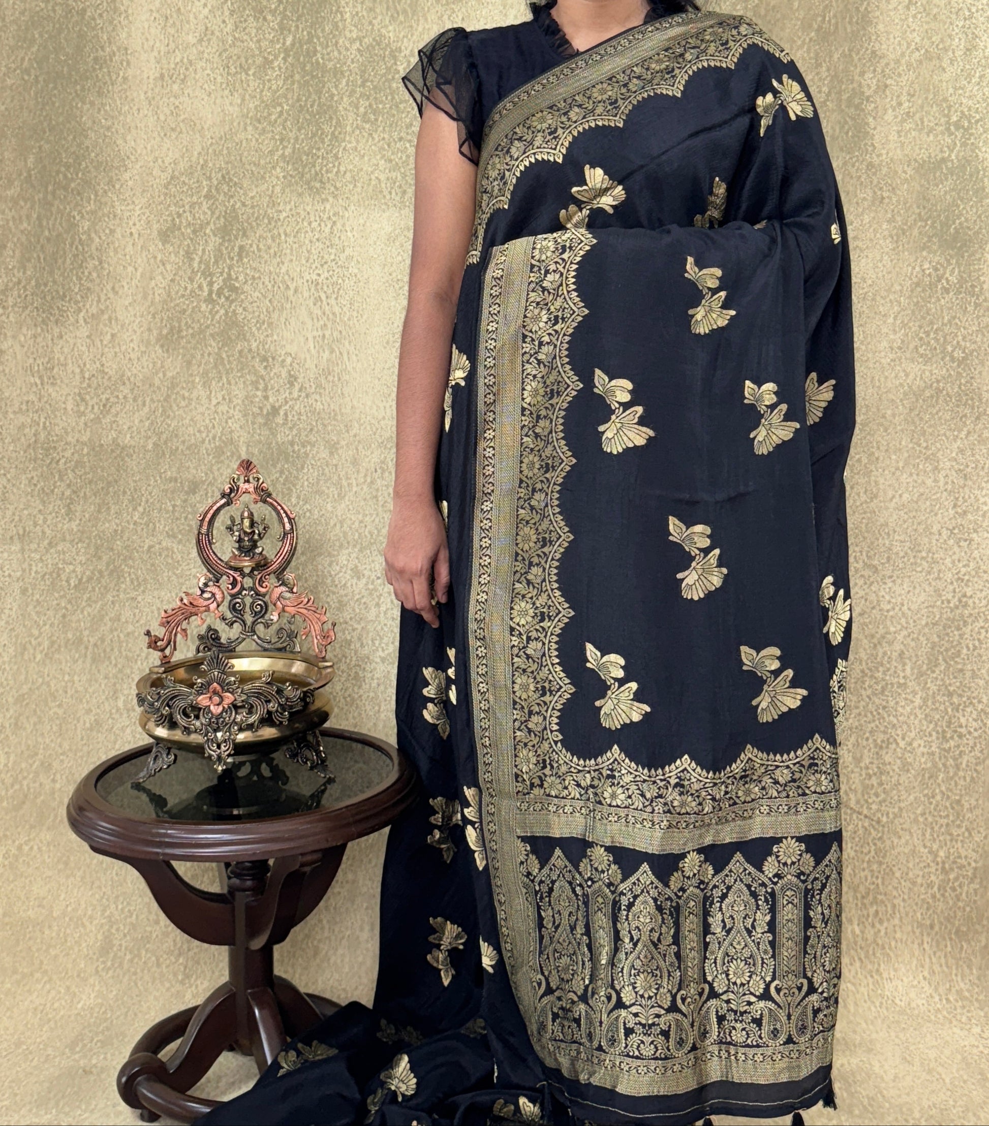 Black with Butterfly Motifs  - Matka Silk Saree