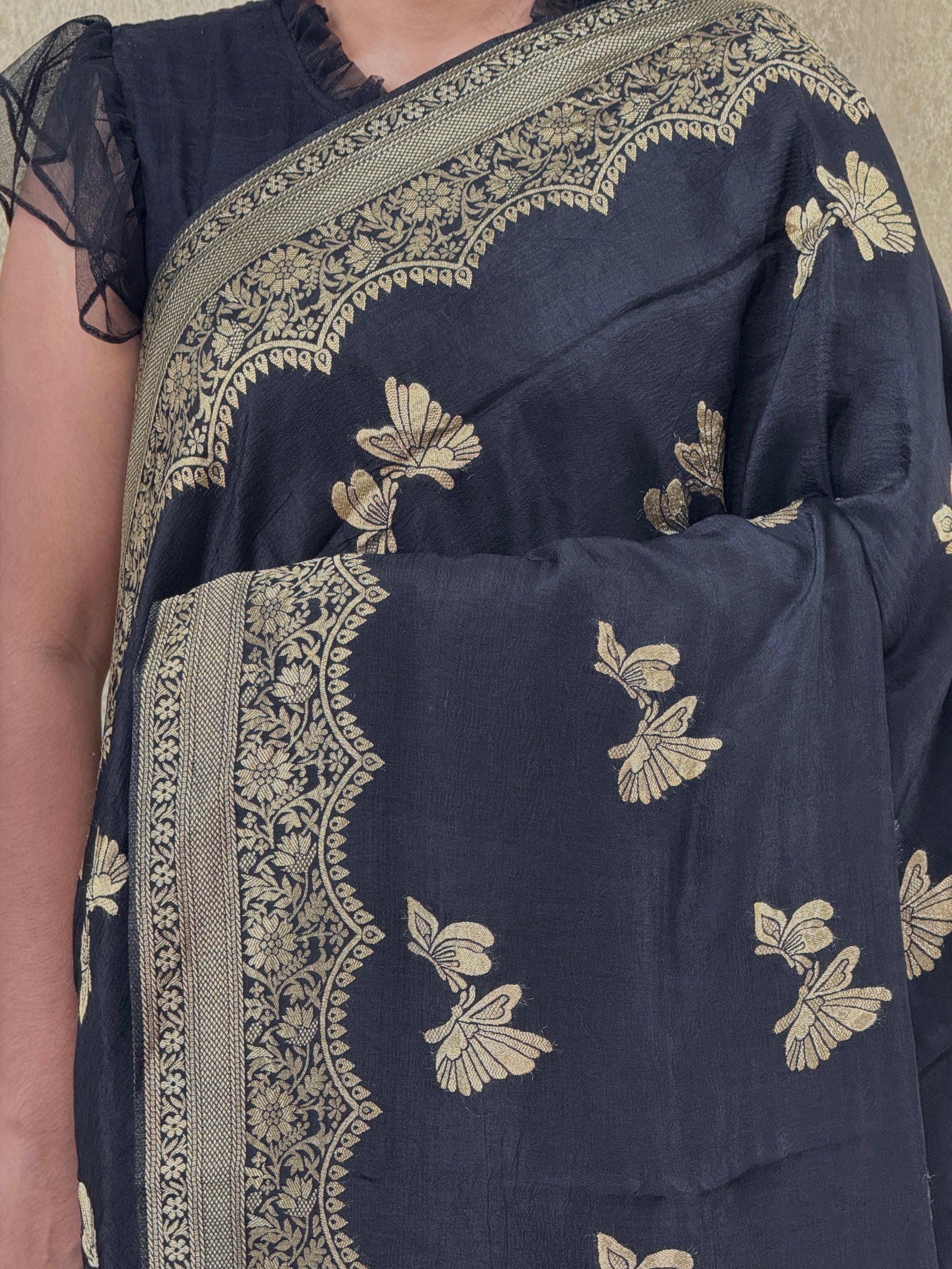 Black with Butterfly Motifs  - Matka Silk Saree
