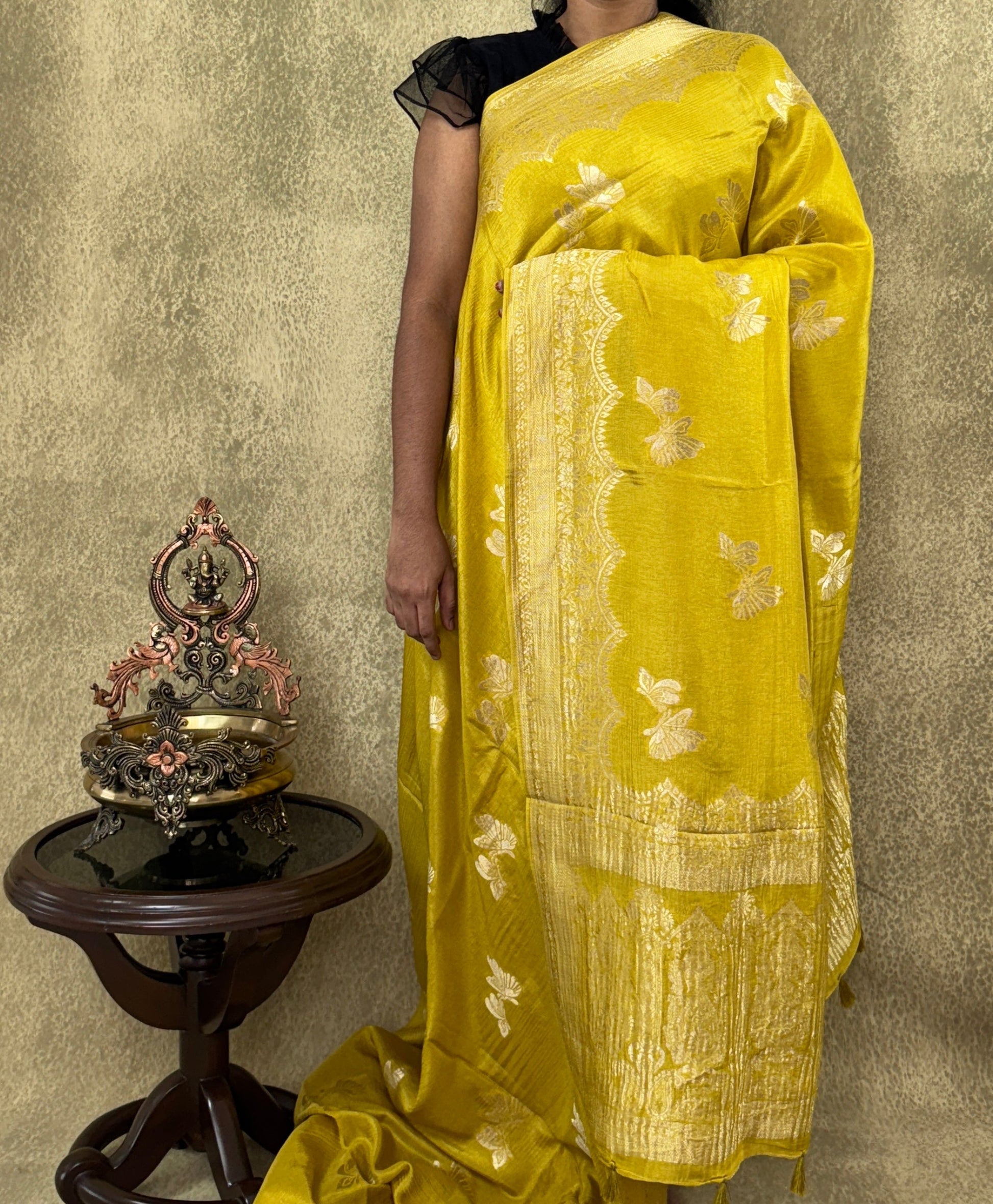 Mustard Yellow with Butterfly Motifs - Matka Silk Saree