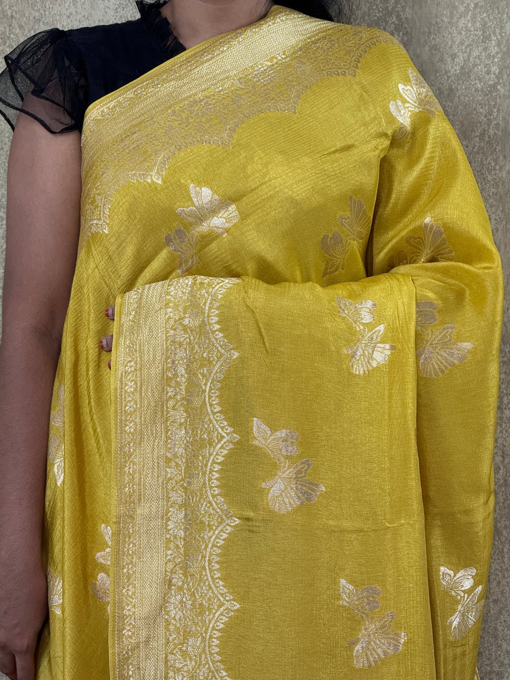 Mustard Yellow with Butterfly Motifs - Matka Silk Saree