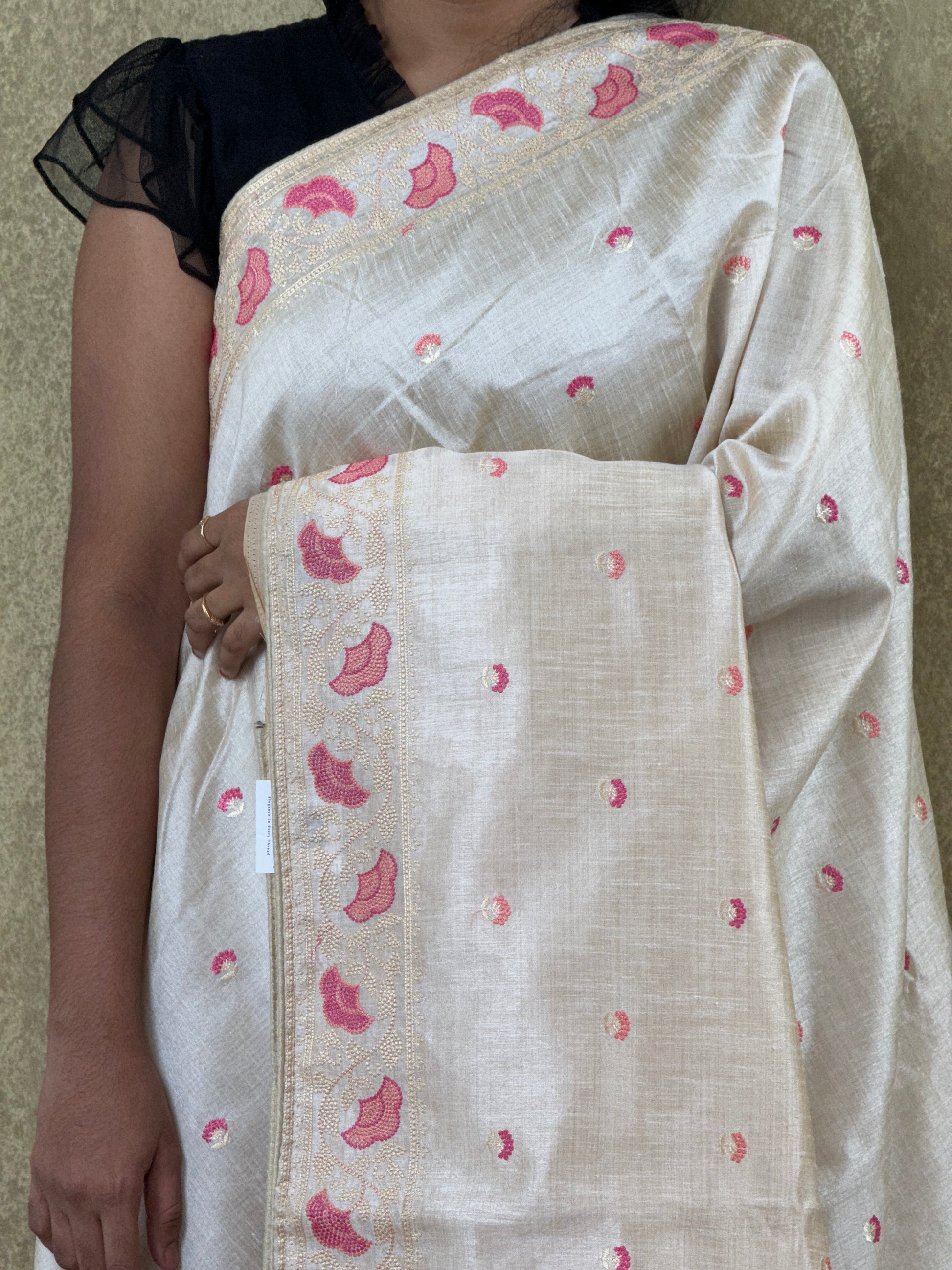 Beige with Embroidery Border- Tussar Silk Saree