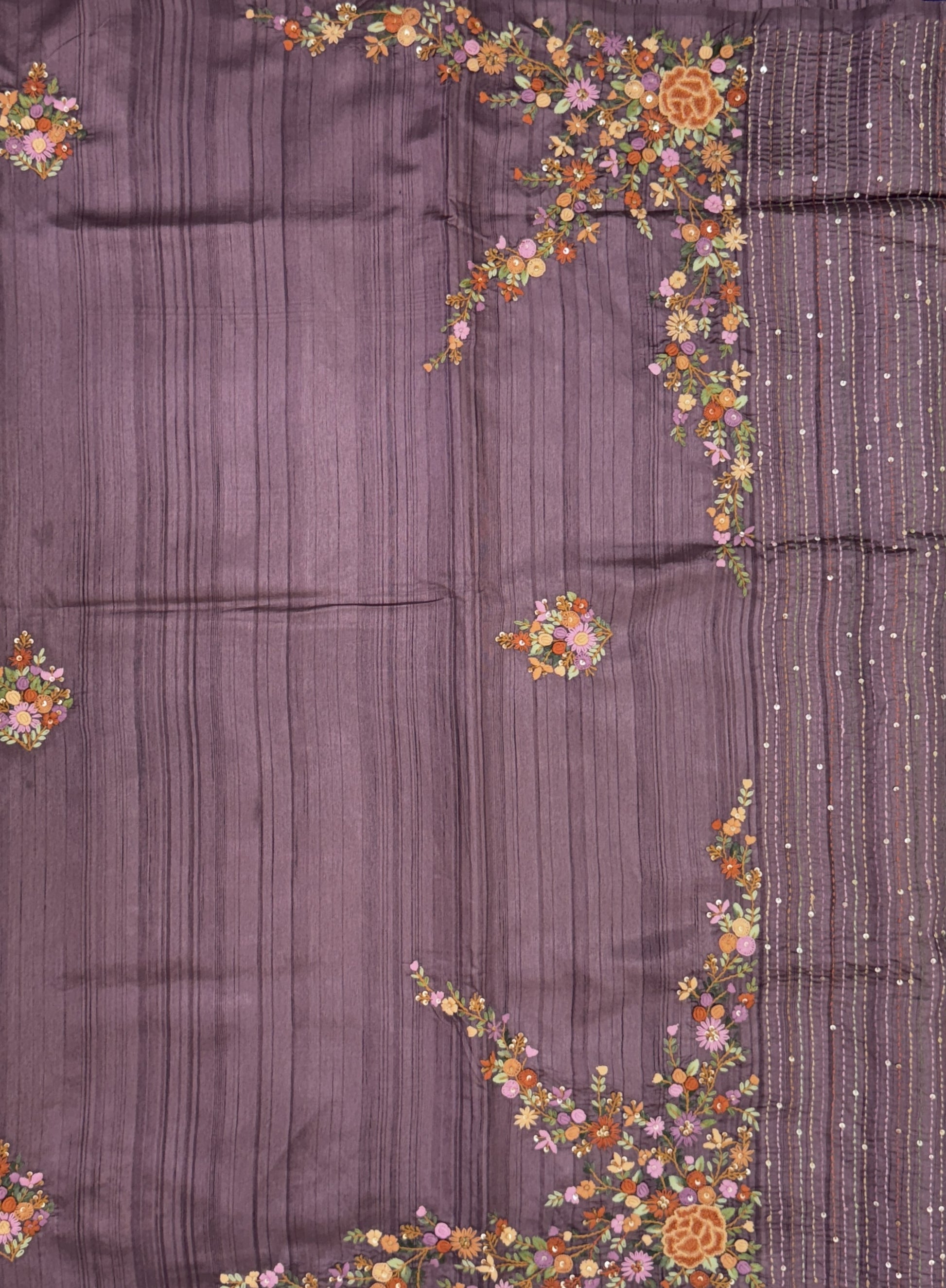 Deep Purple with Multicolored Embroidery- Tussar Silk Saree