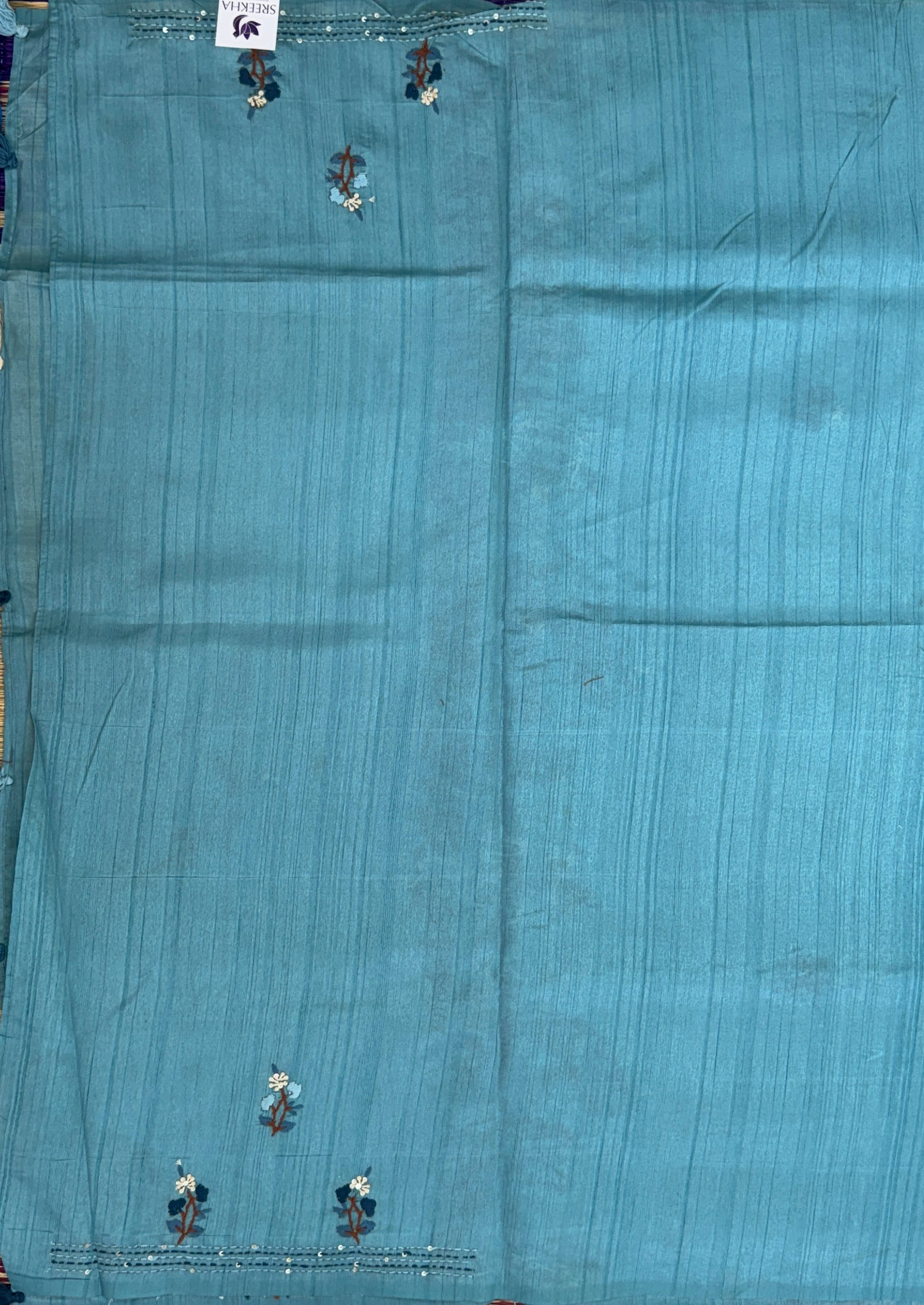Serene Teal with Multicolored Embroidery- Tussar Silk Saree