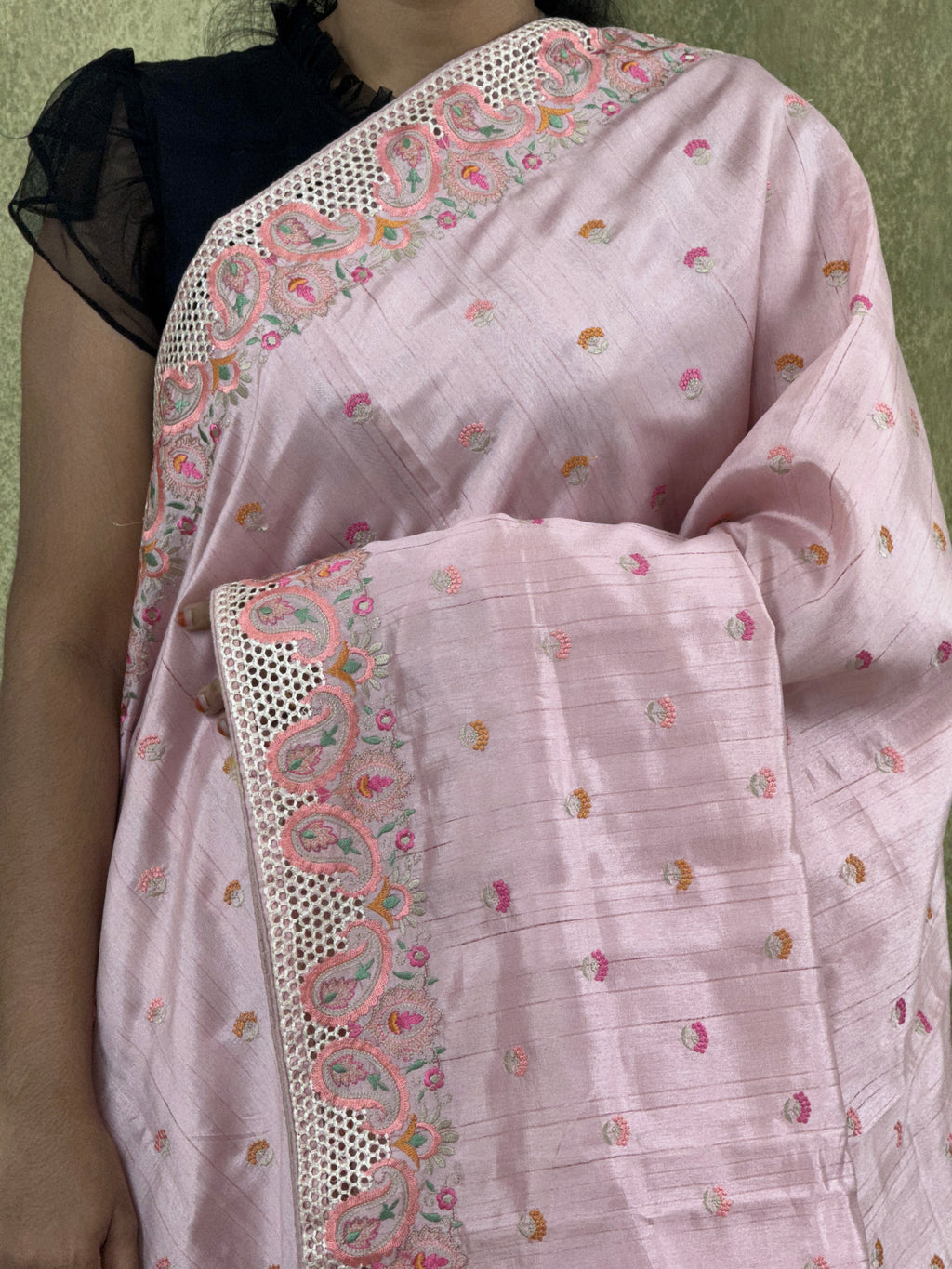 Pastel Pink with CutWork Embroidery Border- Tussar Silk Saree
