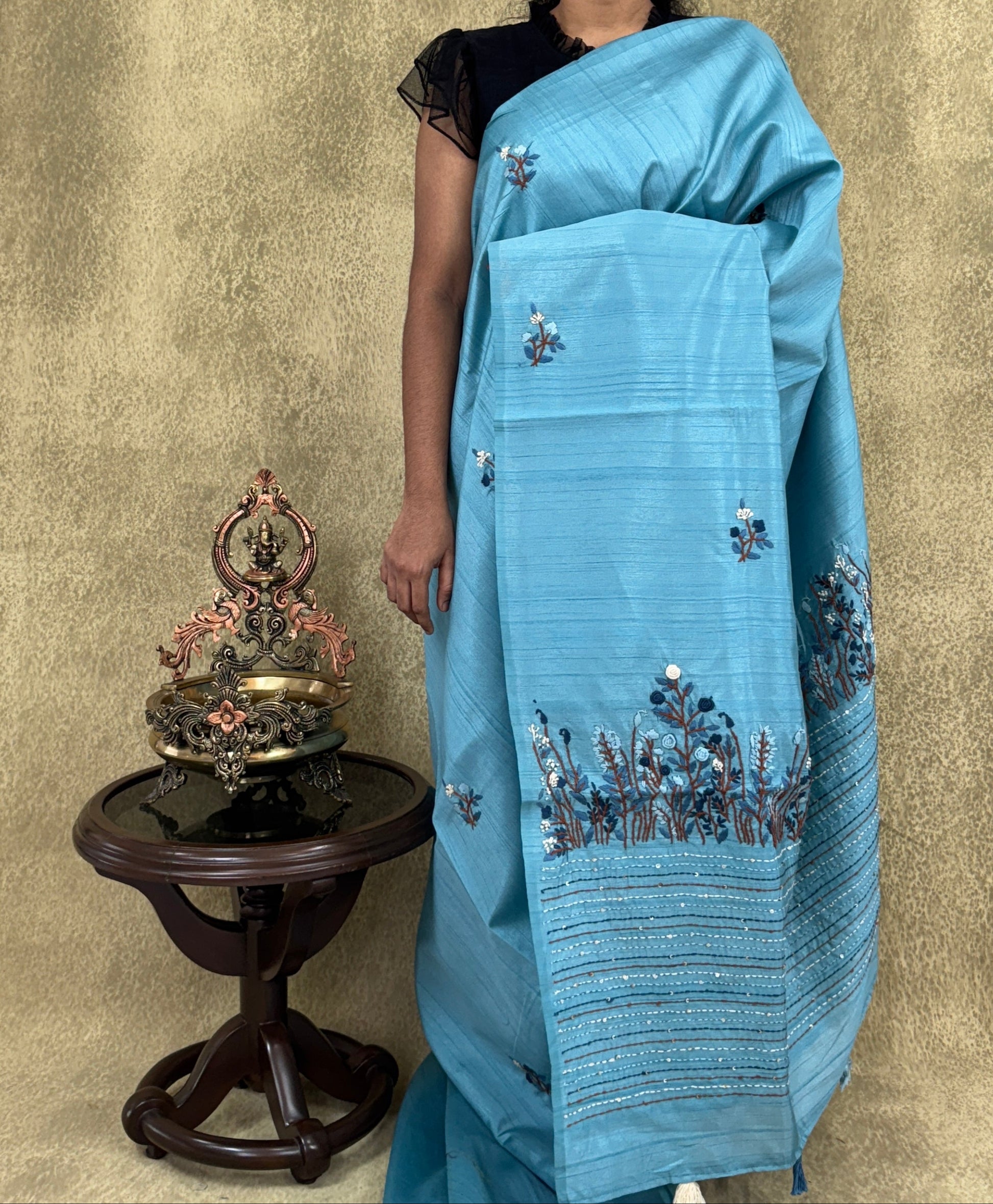 Serene Teal with Multicolored Embroidery- Tussar Silk Saree