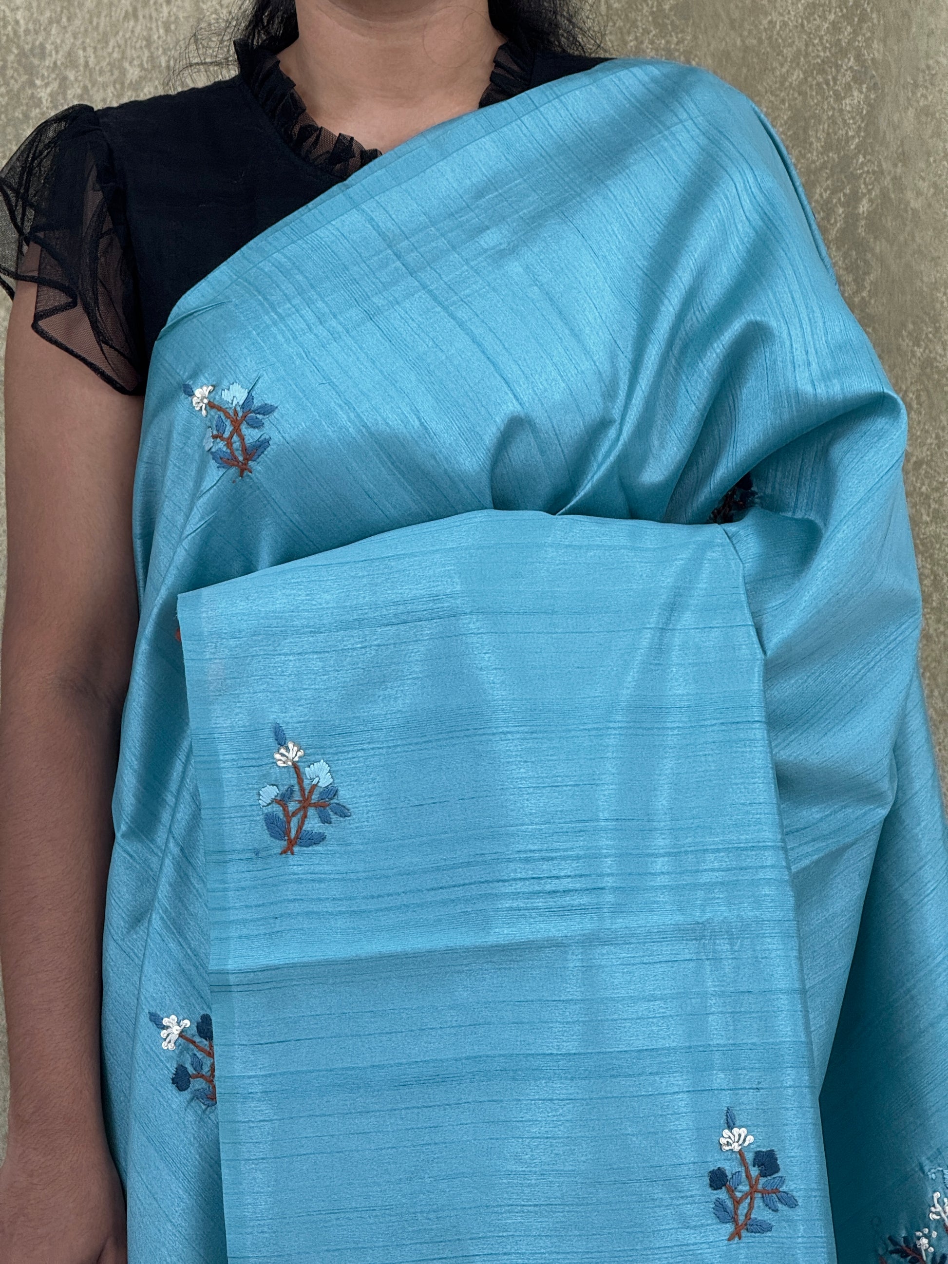 Serene Teal with Multicolored Embroidery- Tussar Silk Saree