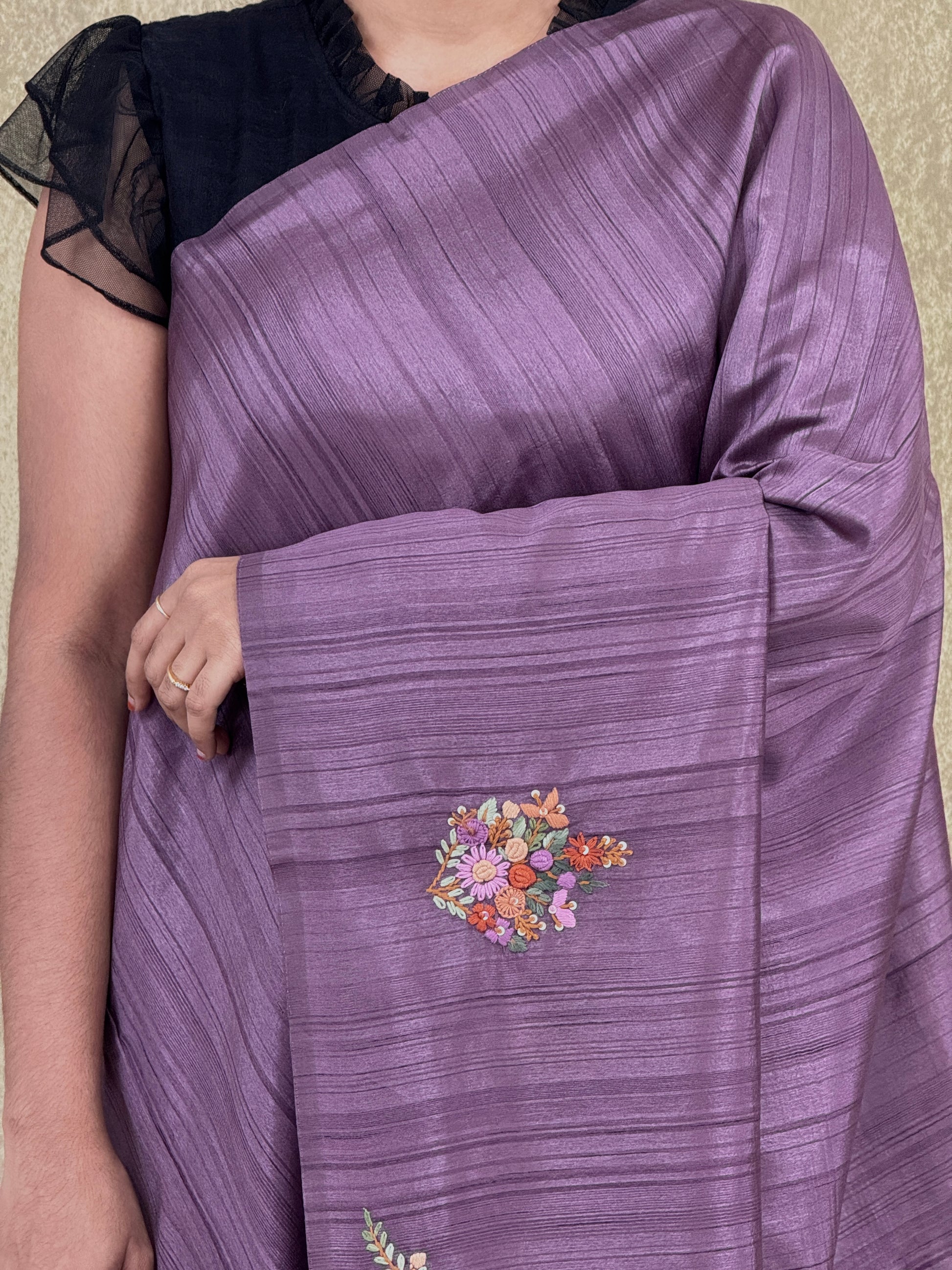 Deep Purple with Multicolored Embroidery- Tussar Silk Saree