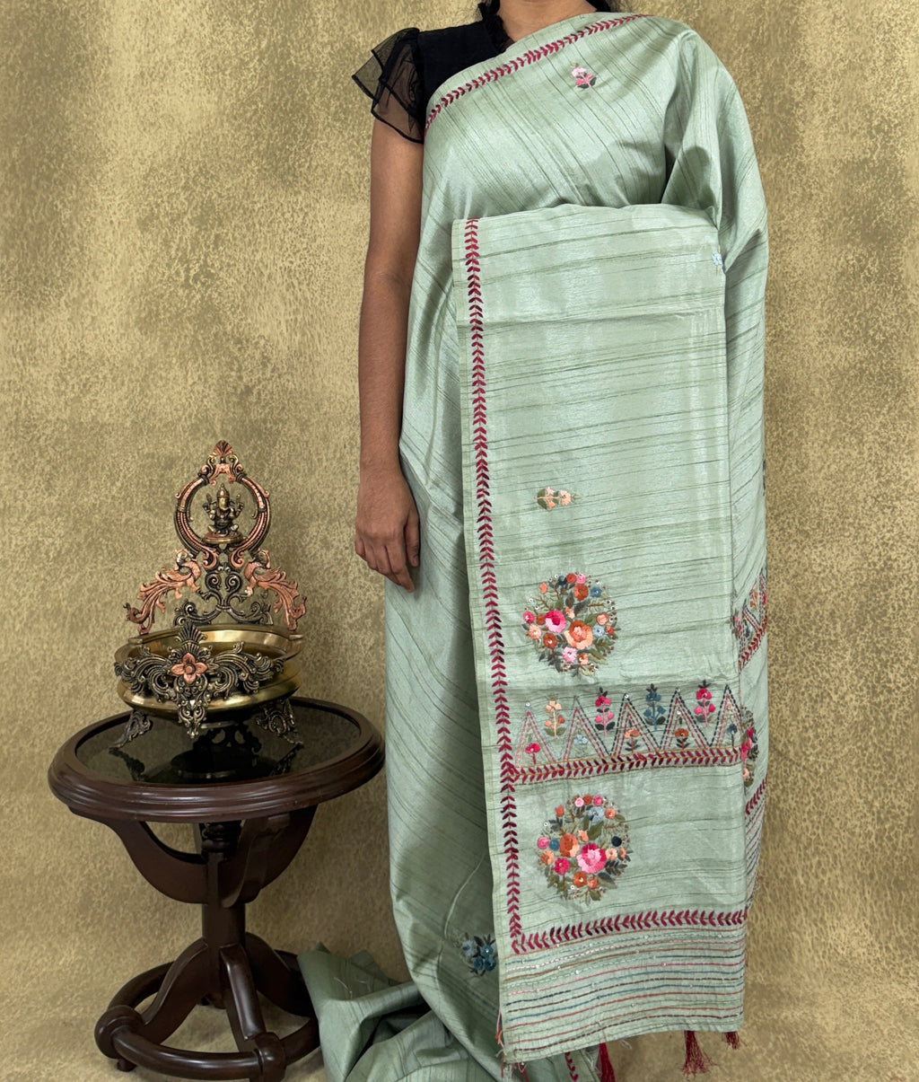 Pastel Green with Multicolored Embroidery- Tussar Silk Saree