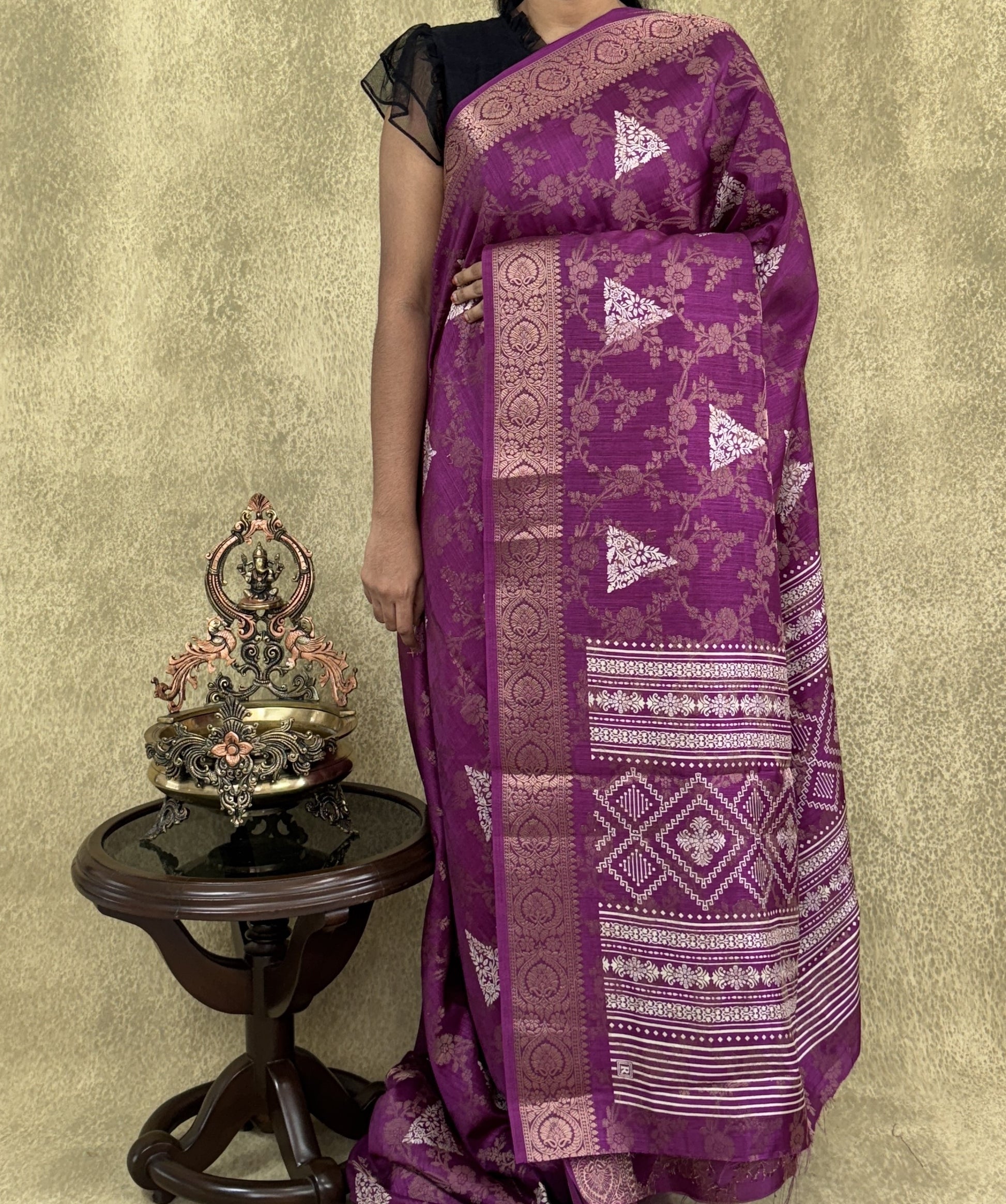 Deep Voilet with Zari Woven Border - Semi Tussar Silk Sare