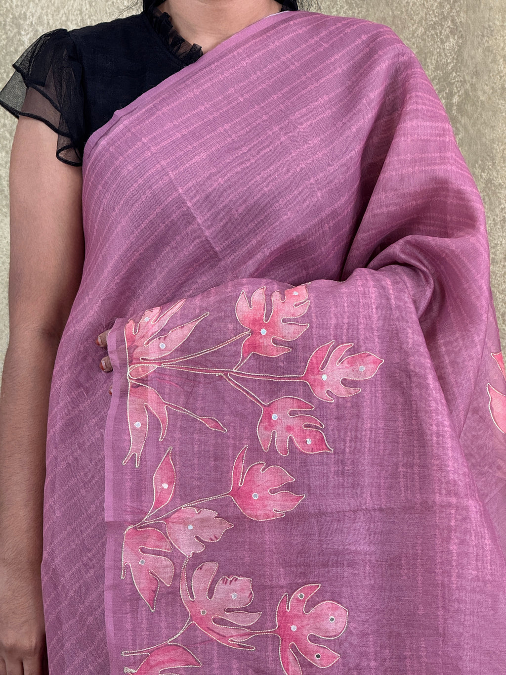Dark Mauve with Floral Pattern  - Chanderi Silk Saree