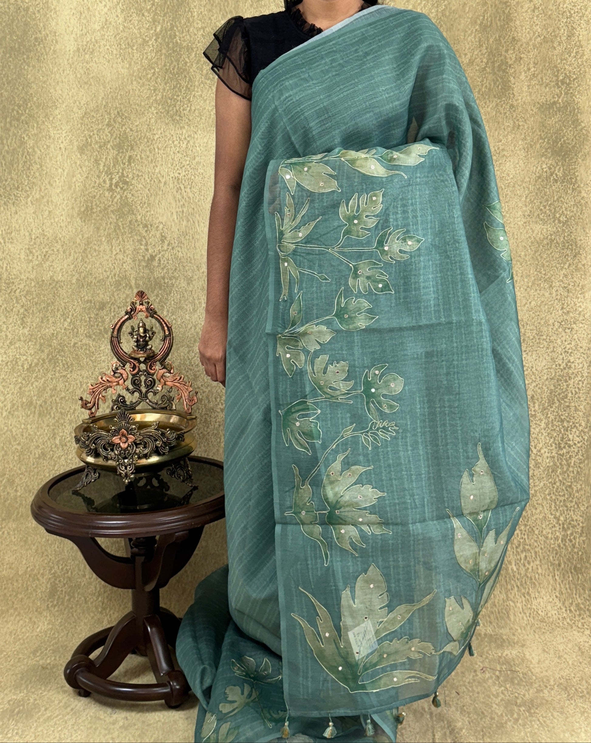Green with Floral Pattern  - Chanderi Silk Saree