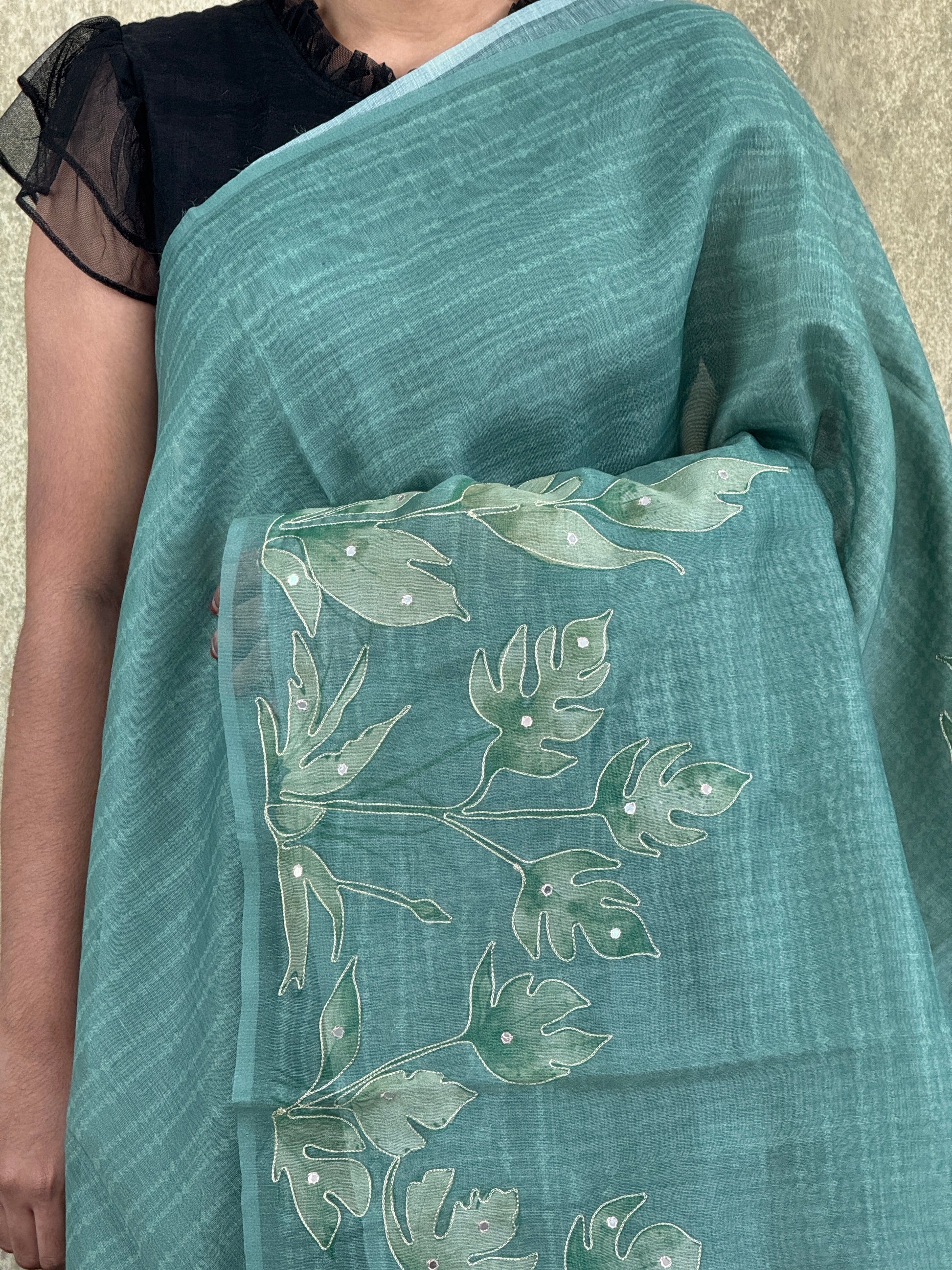 Green with Floral Pattern  - Chanderi Silk Saree