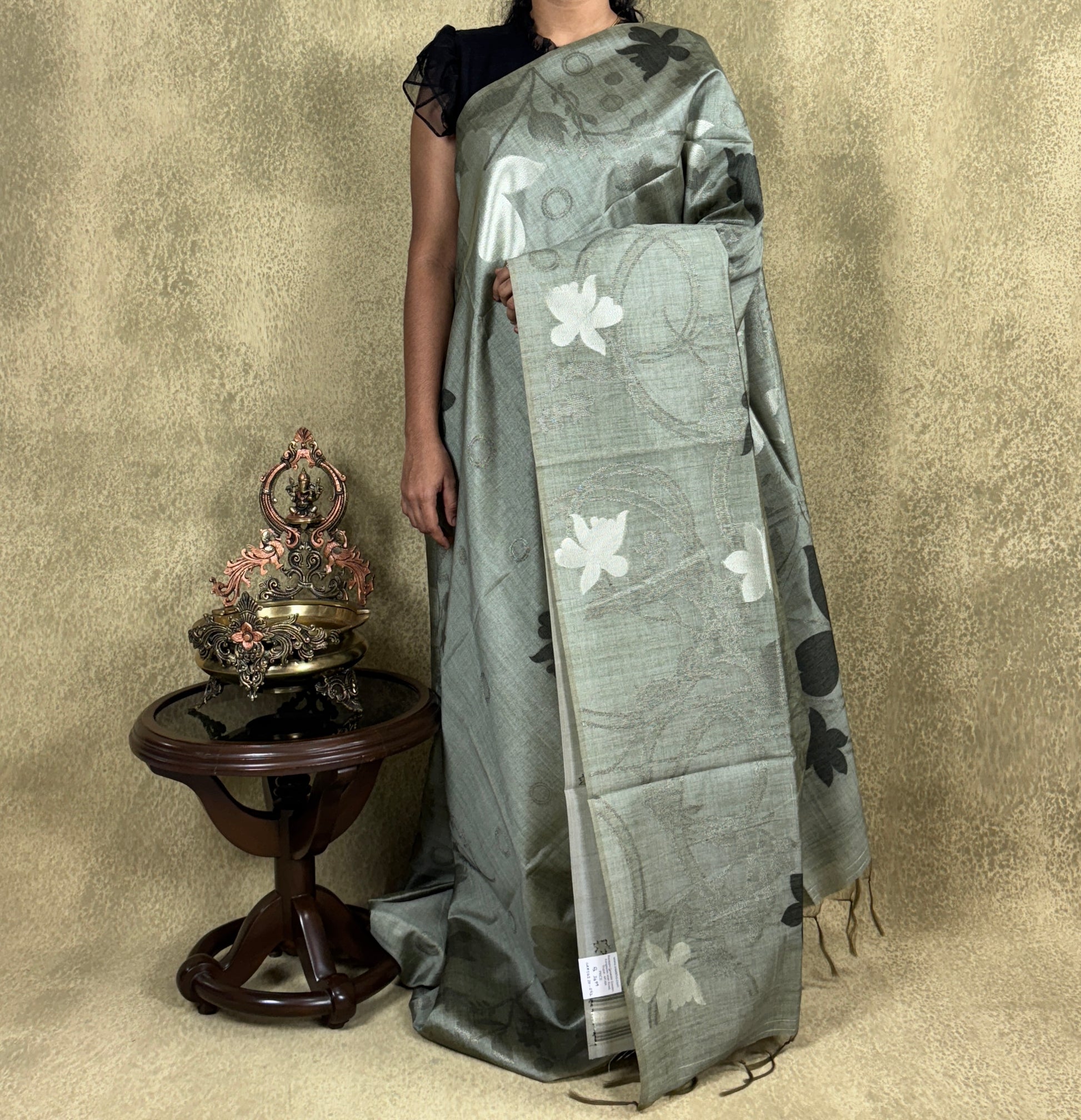 Olive Green Floral Zari Weave - Semi Tussar Saree