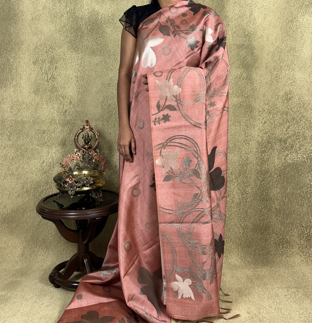 Dark Peach Floral Zari Weave - Semi Tussar Saree