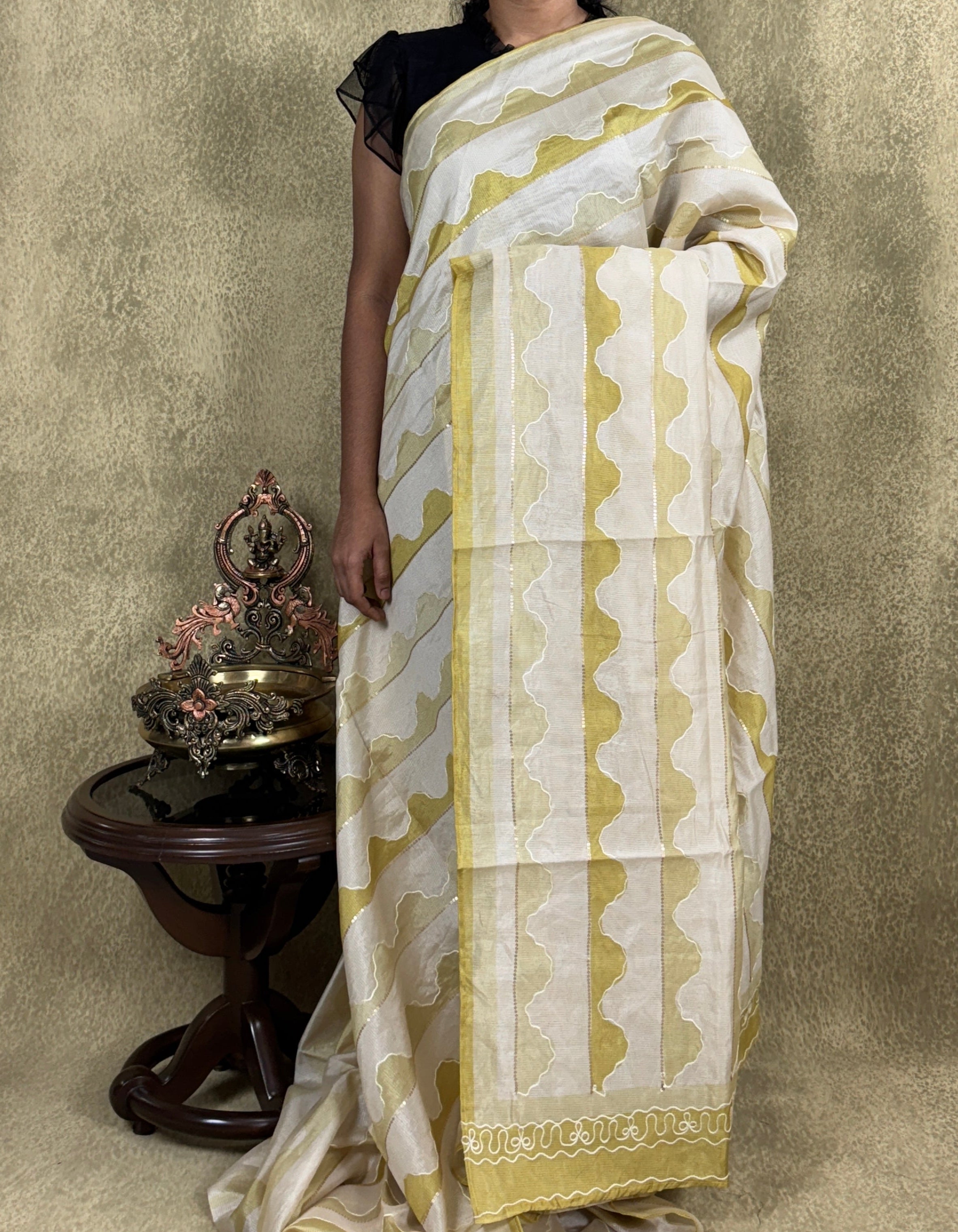 Warm Olive with Sequin - Kora Silk Saree