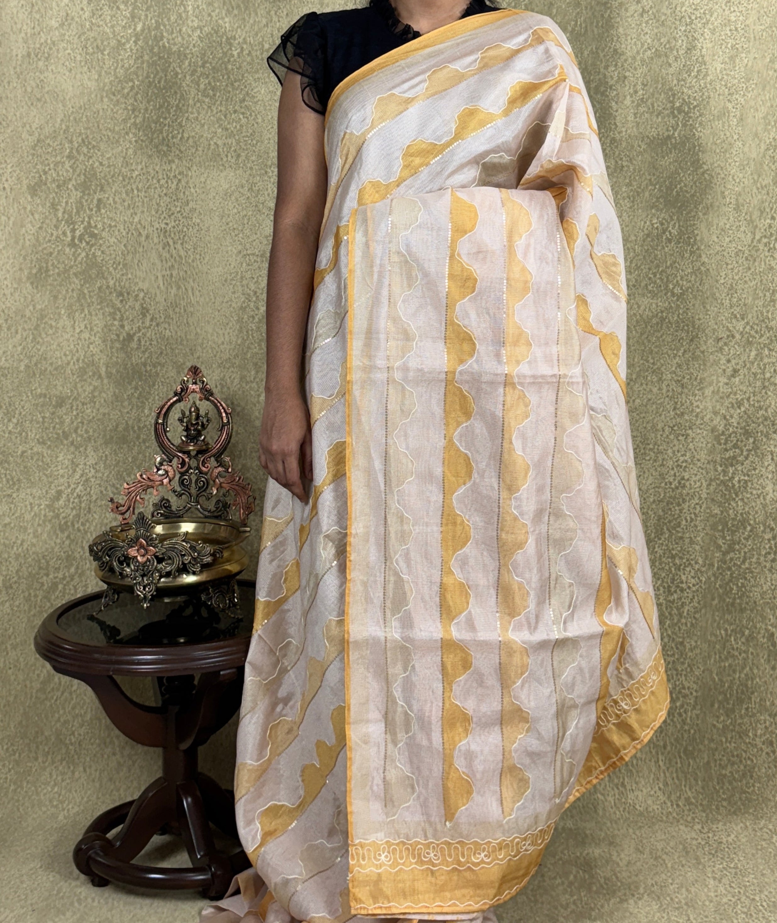 Cream & Amber with Sequin Saree- Kora Silk