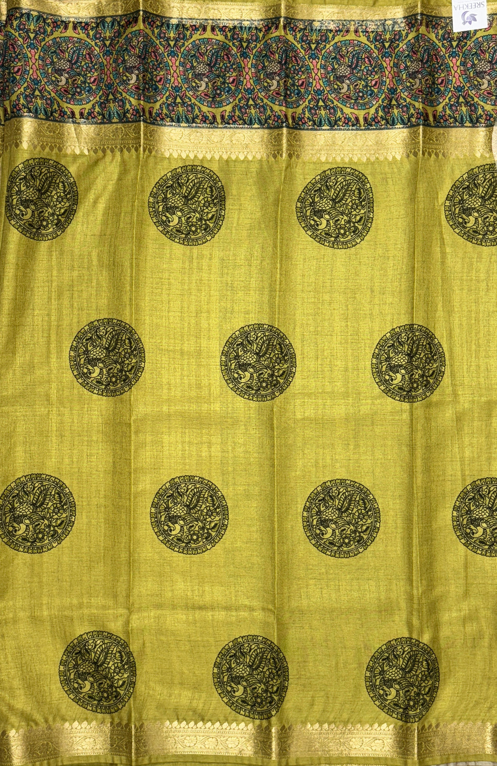 Mustard Green color Saree with Peacock and Paisley Motifs - Raw Silk