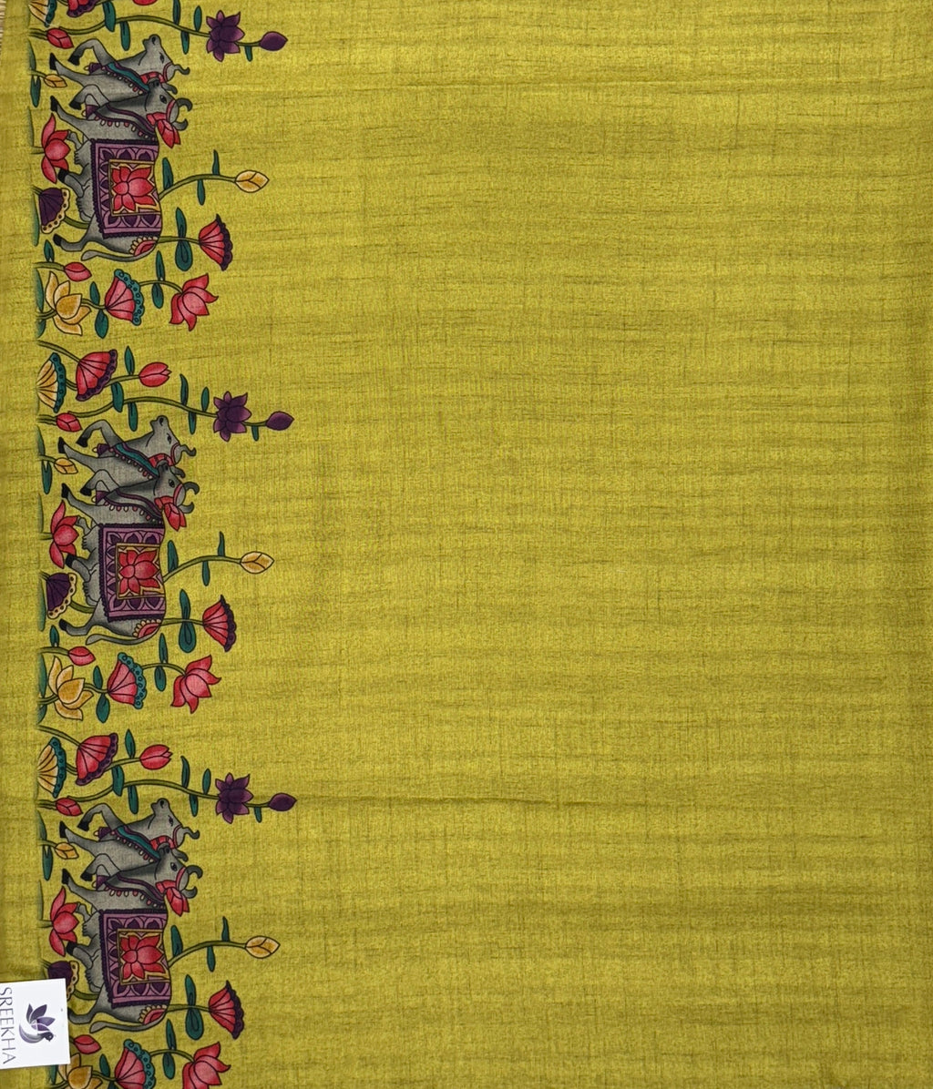 Mustard Green color Saree with Pichwai Print - Raw Silk
