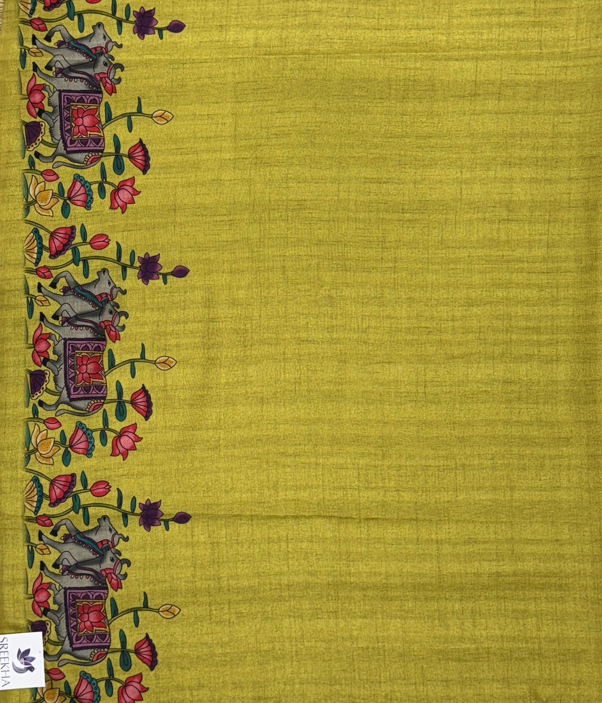 Mustard Green color Saree with Pichwai Print - Raw Silk