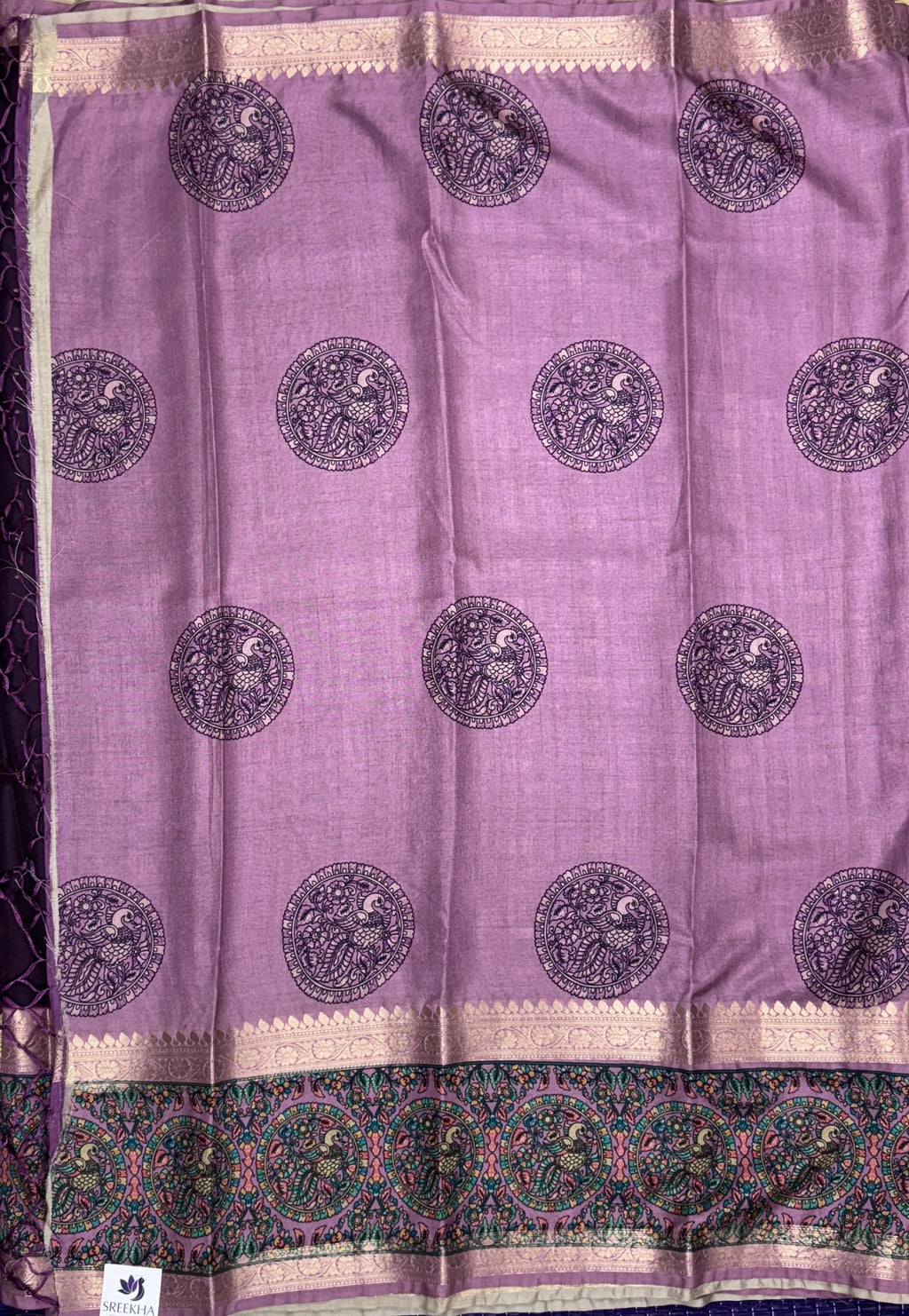 Dark Purple Saree with Peacock and Paisley Motifs - Raw Silk