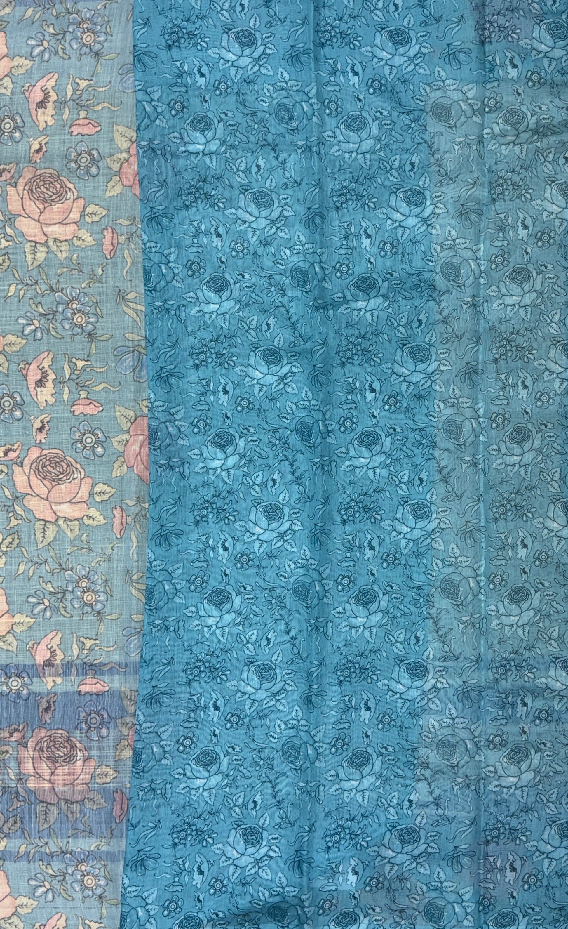 White with Blue Floral Border - Chanderi Silk Saree