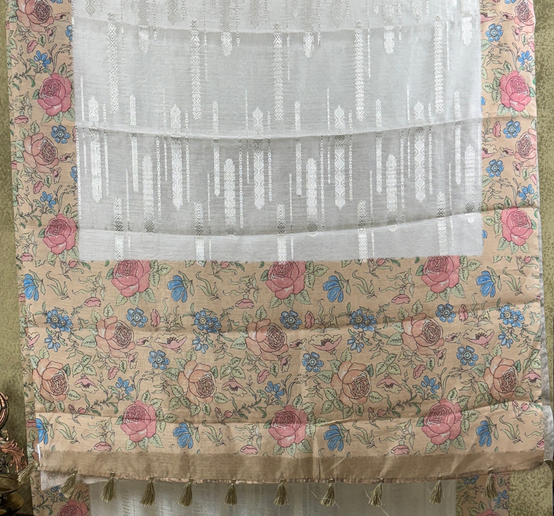 White Saree with Floral Border - Chanderi Silk Saree