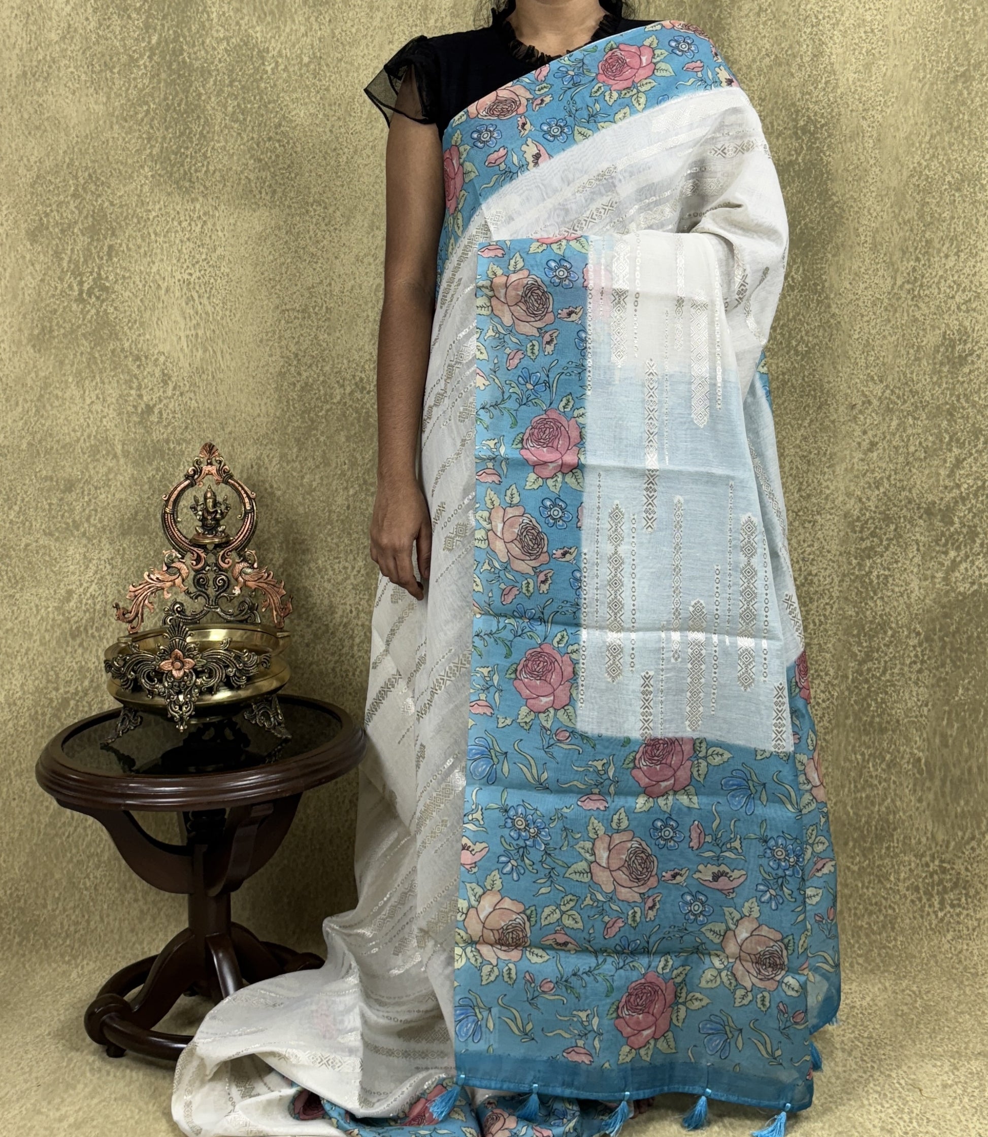 White with Blue Floral Border - Chanderi Silk Saree