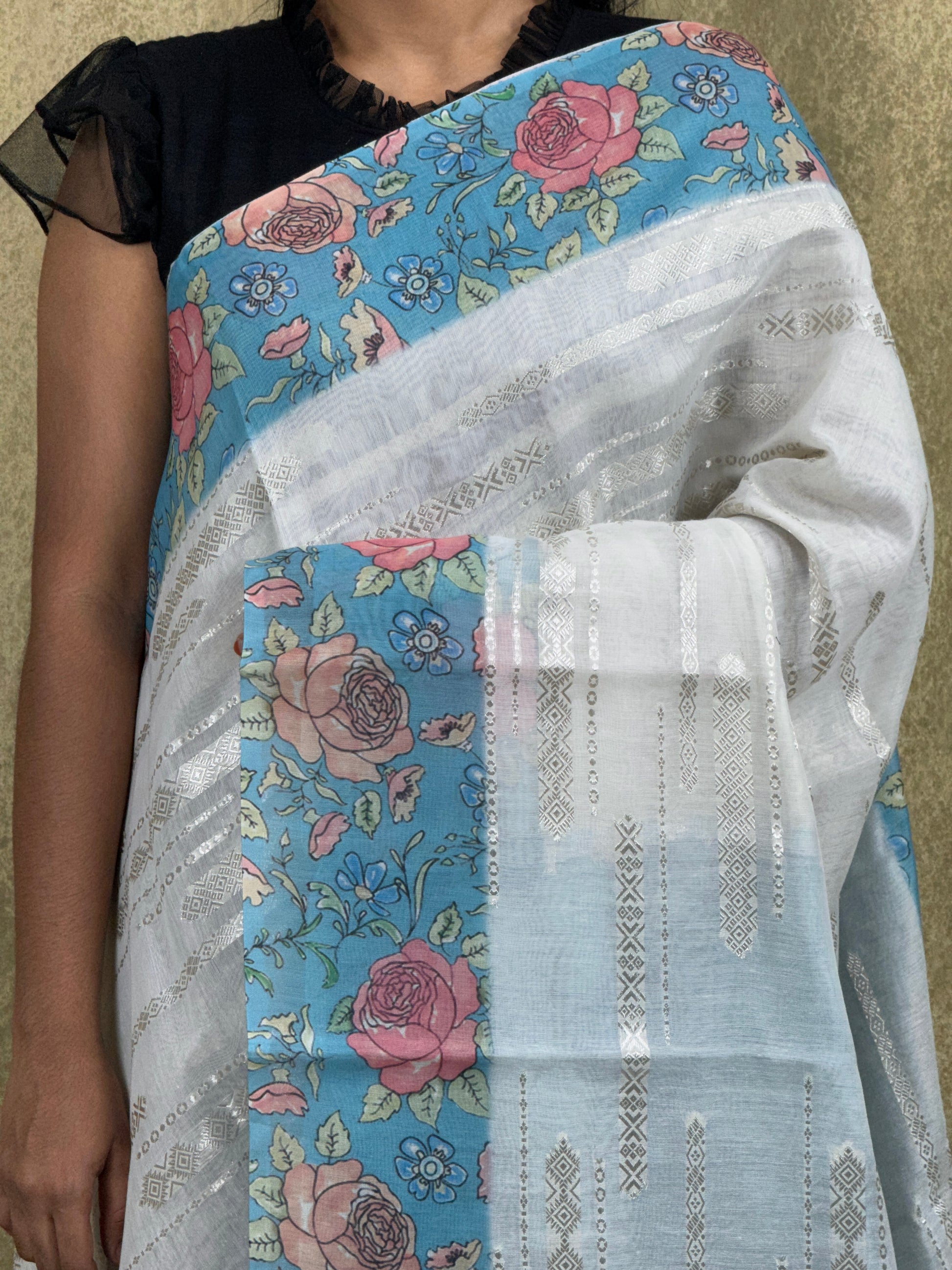 White with Blue Floral Border - Chanderi Silk Saree