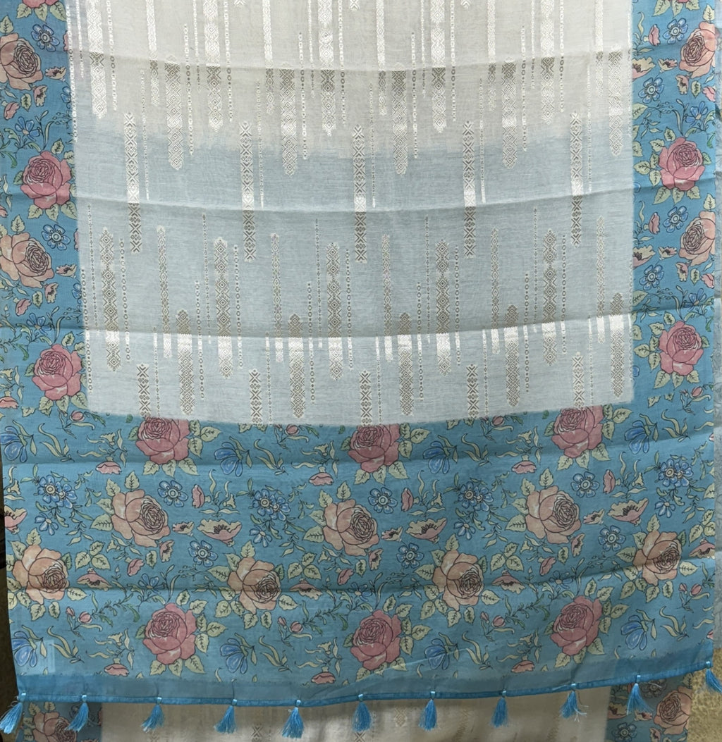 White with Blue Floral Border - Chanderi Silk Saree