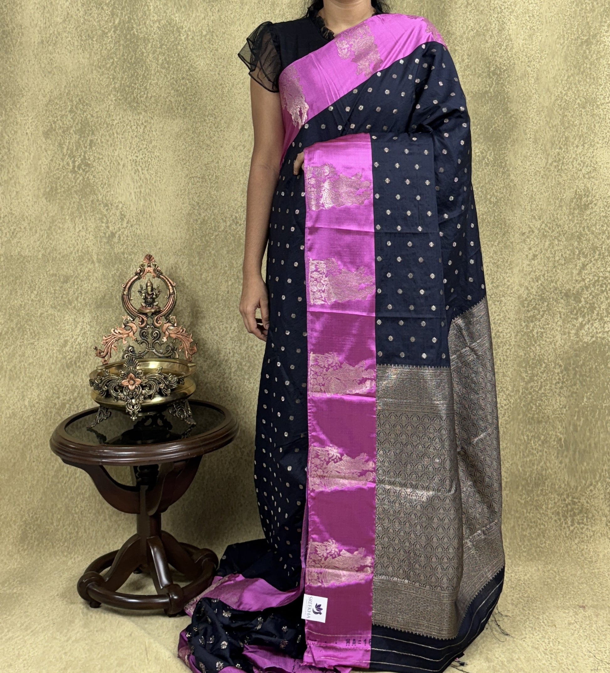 Black Saree with Mythical Motif Border - Semi Raw Mango
