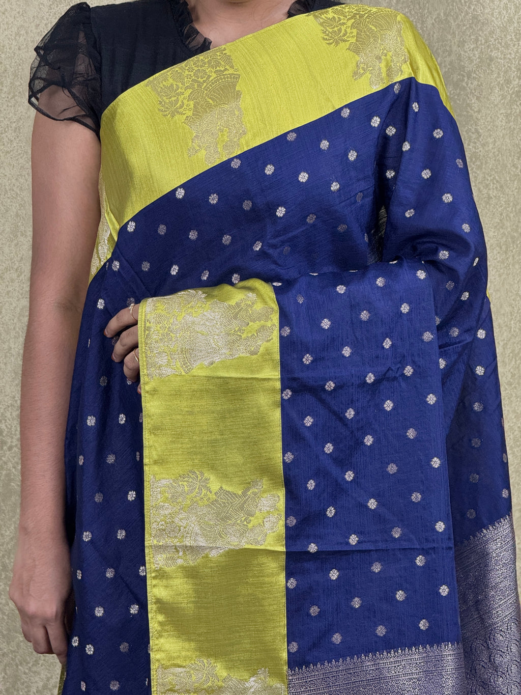 Navy Blue Saree with Mythical Motif Border - Semi Raw Mango