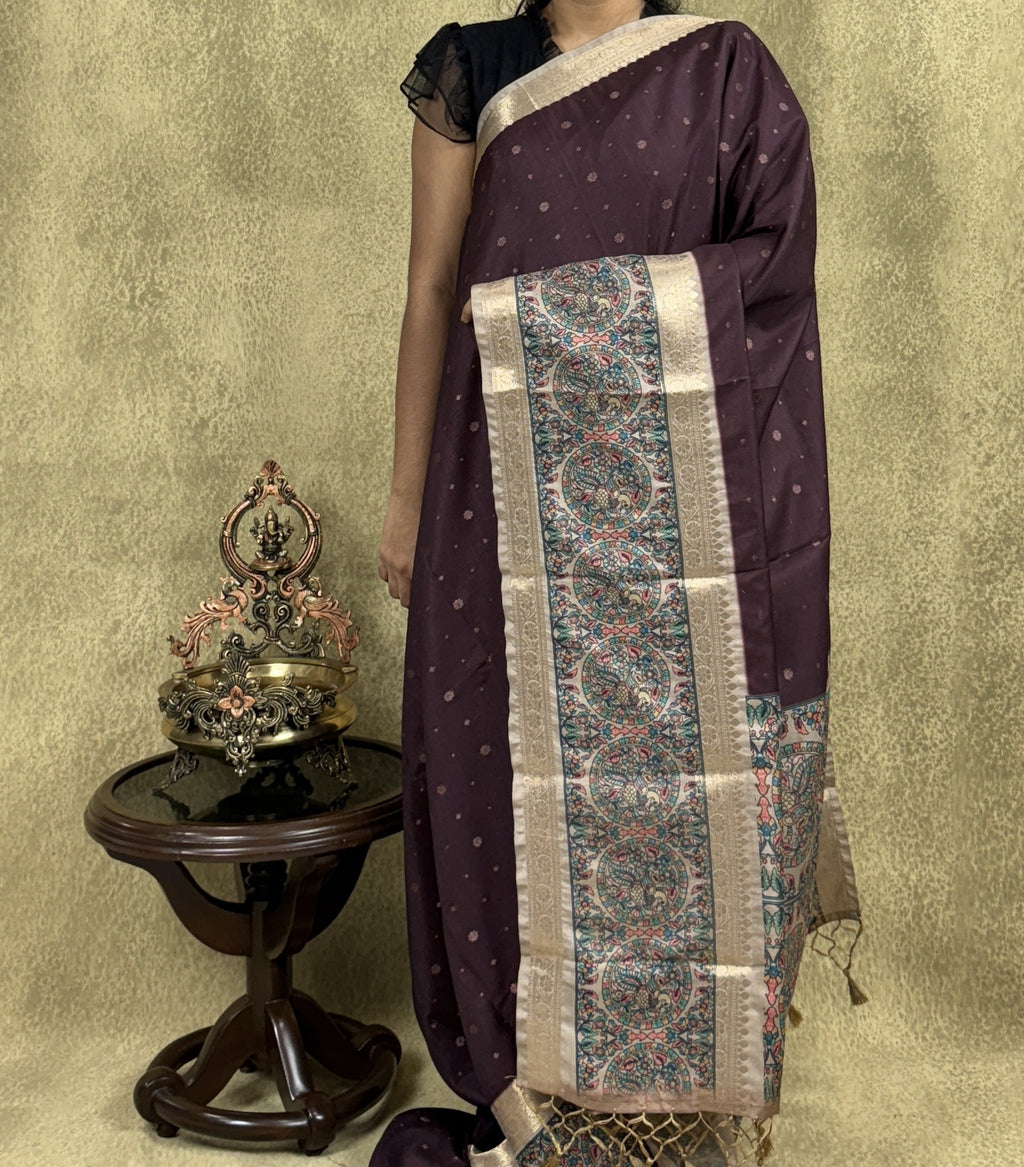 Dark Maroon Saree with Peacock and Paisley Motifs - Raw Silk