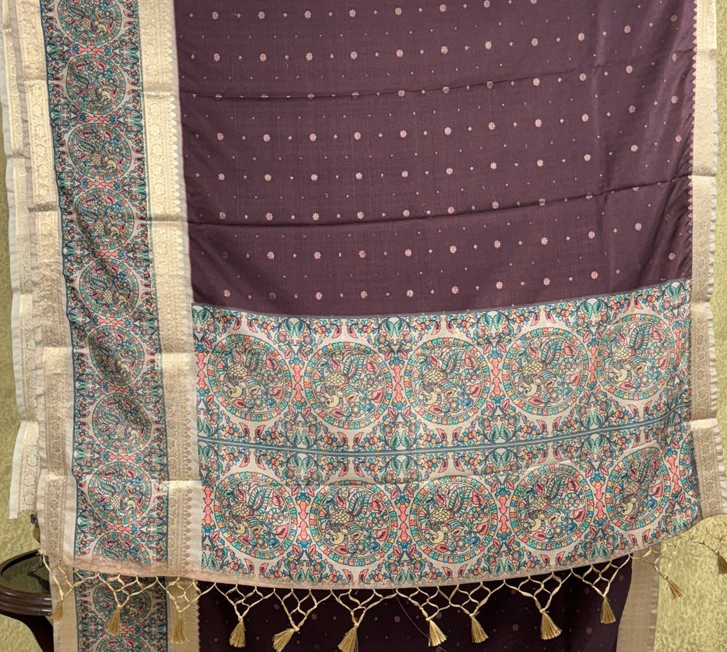 Dark Maroon Saree with Peacock and Paisley Motifs - Raw Silk
