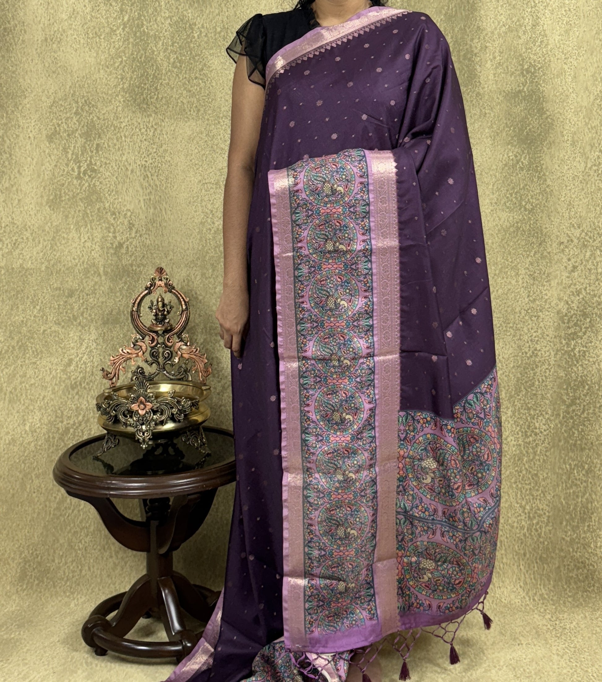 Dark Purple Saree with Peacock and Paisley Motifs - Raw Silk