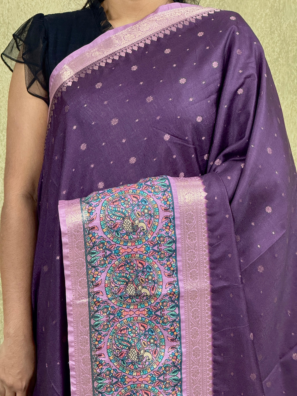 Dark Purple Saree with Peacock and Paisley Motifs - Raw Silk