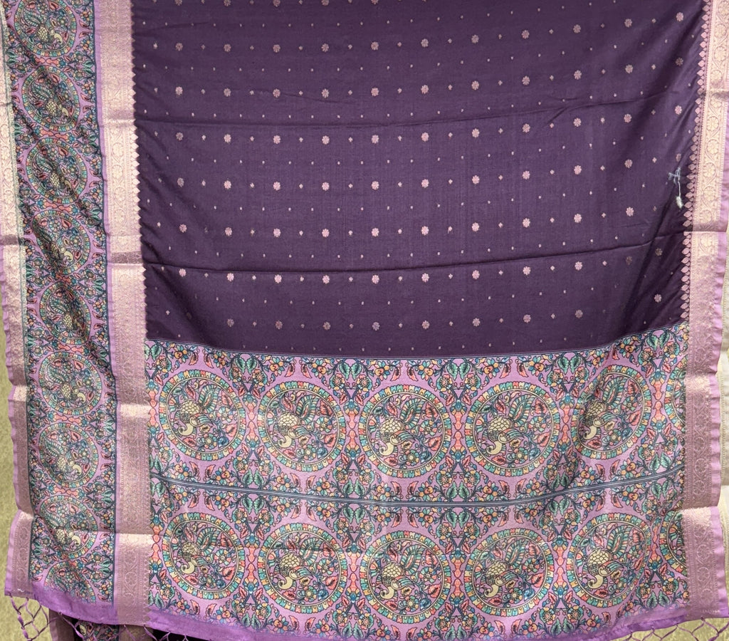 Dark Purple Saree with Peacock and Paisley Motifs - Raw Silk