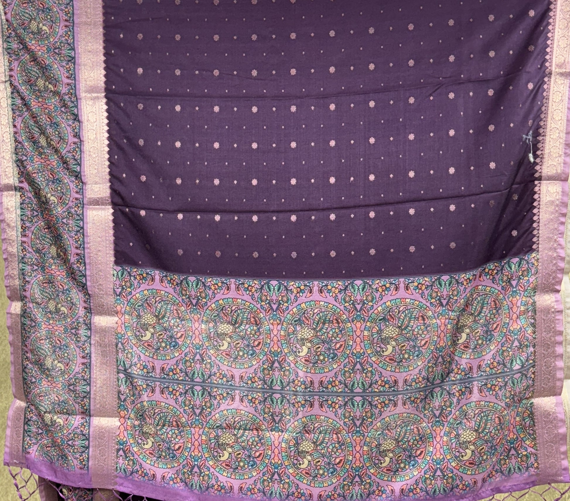 Dark Purple Saree with Peacock and Paisley Motifs - Raw Silk