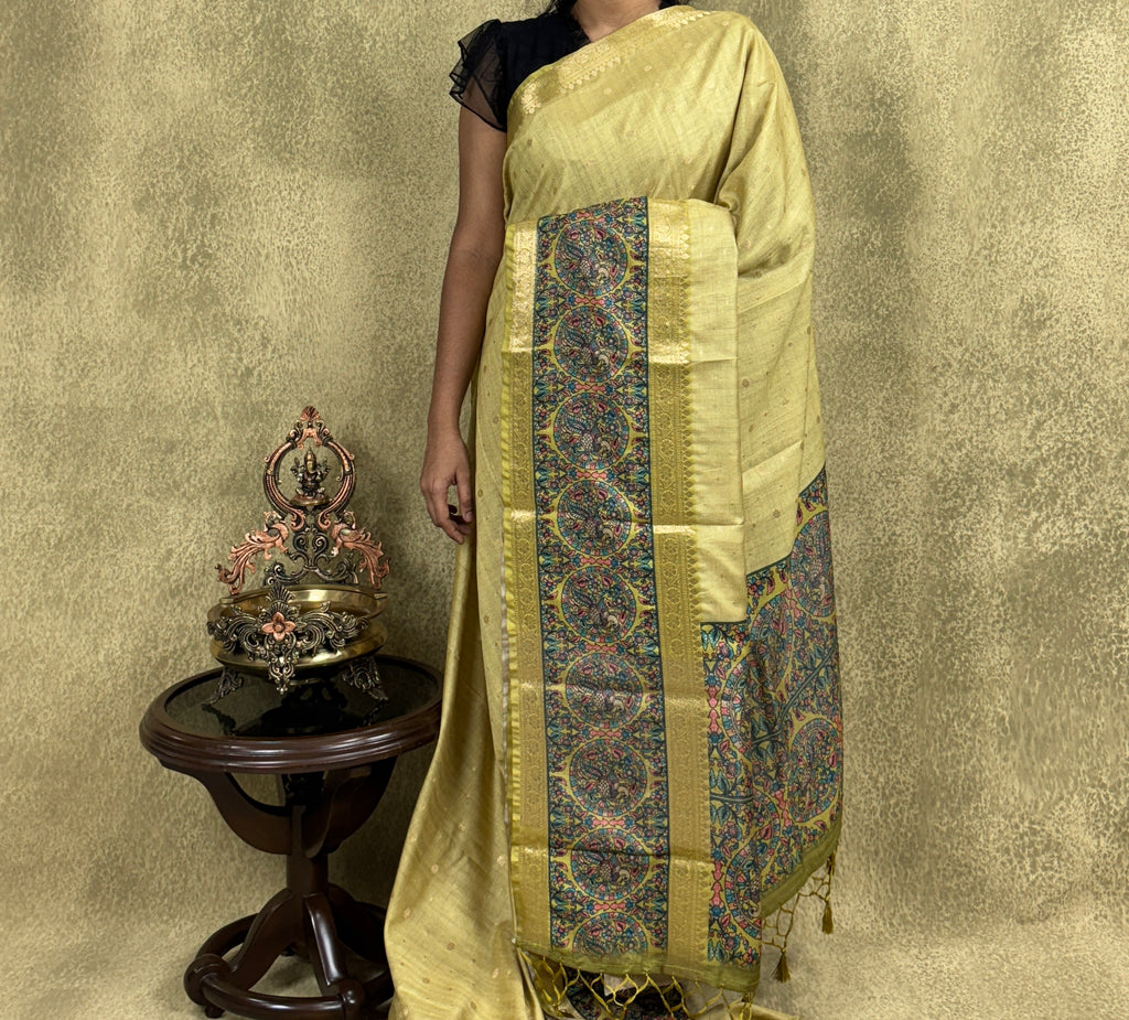 Mustard Green color Saree with Peacock and Paisley Motifs - Raw Silk