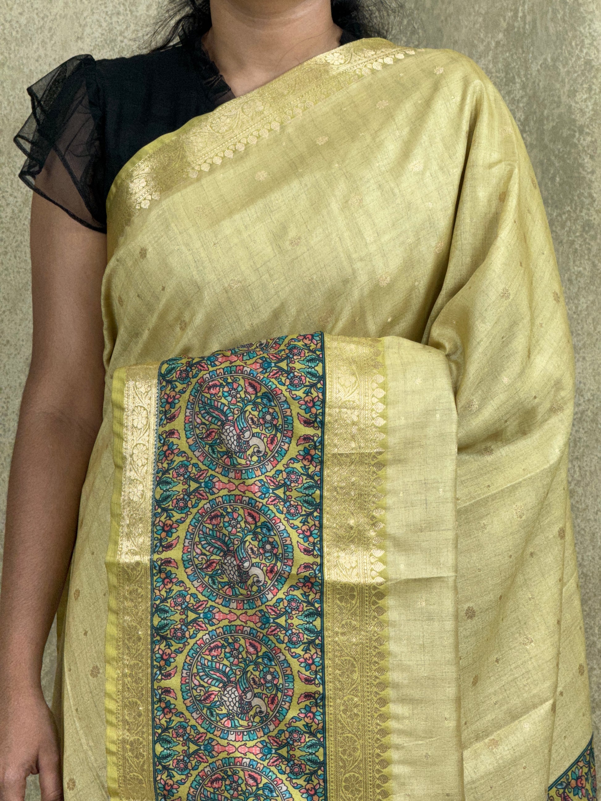 Mustard Green color Saree with Peacock and Paisley Motifs - Raw Silk