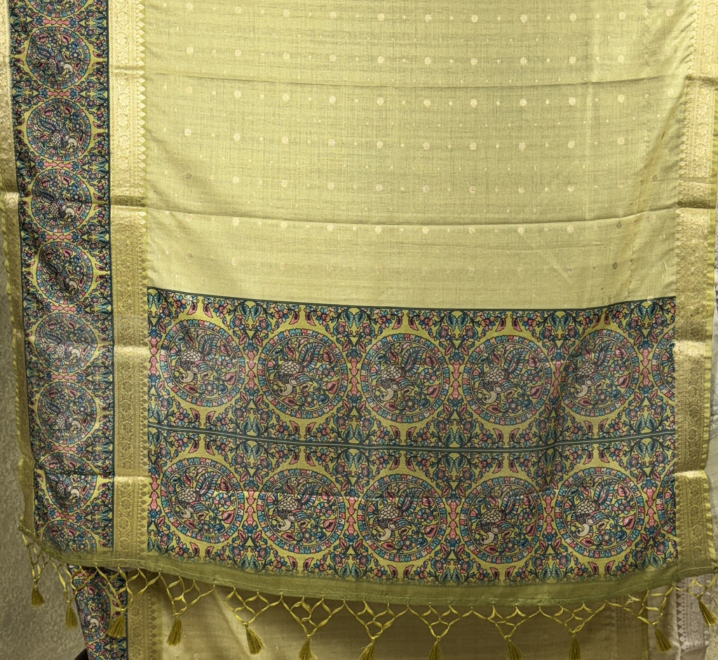 Mustard Green color Saree with Peacock and Paisley Motifs - Raw Silk