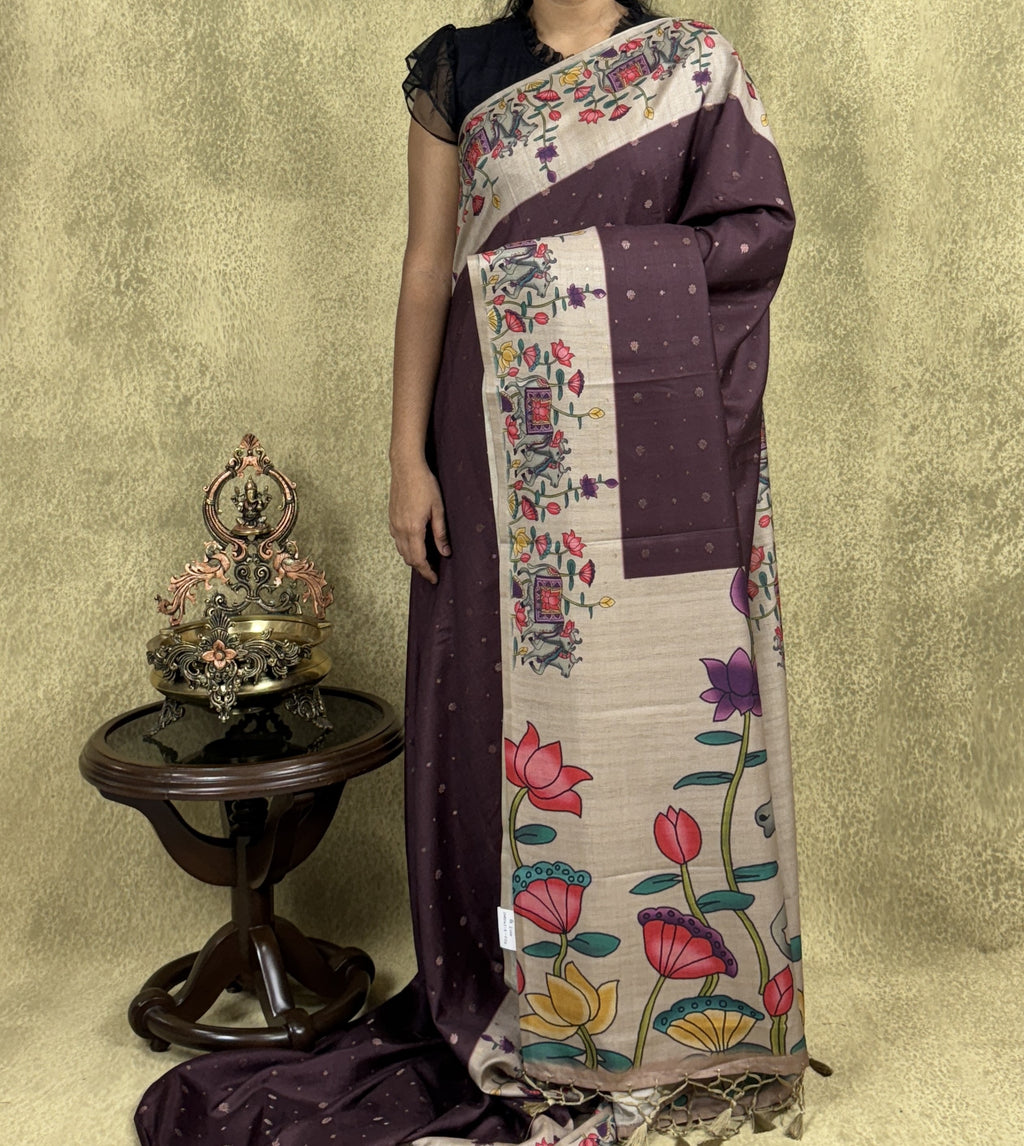 Dark Maroon color Saree with Pichwai Print - Raw Silk
