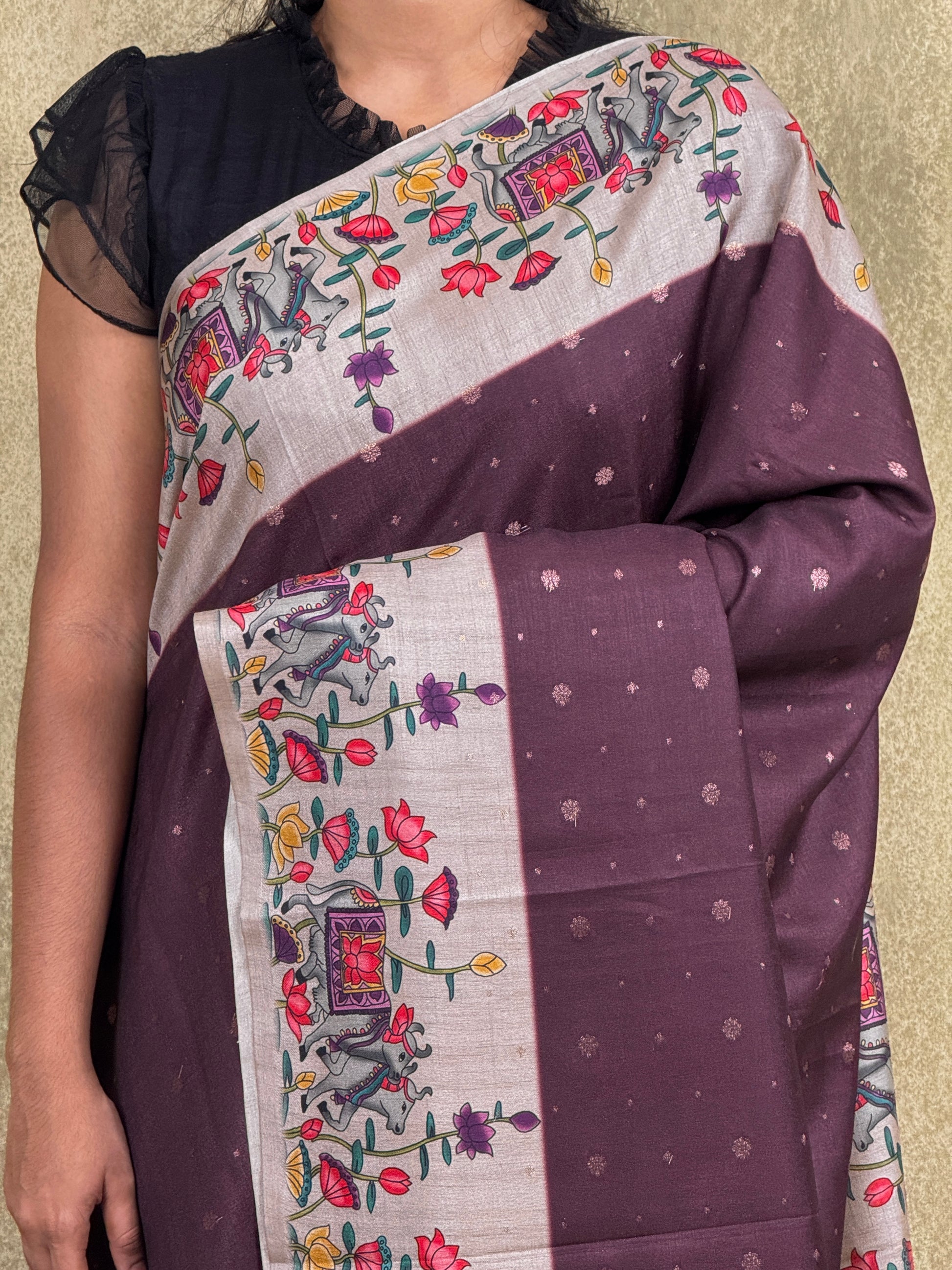 Dark Maroon color Saree with Pichwai Print - Raw Silk