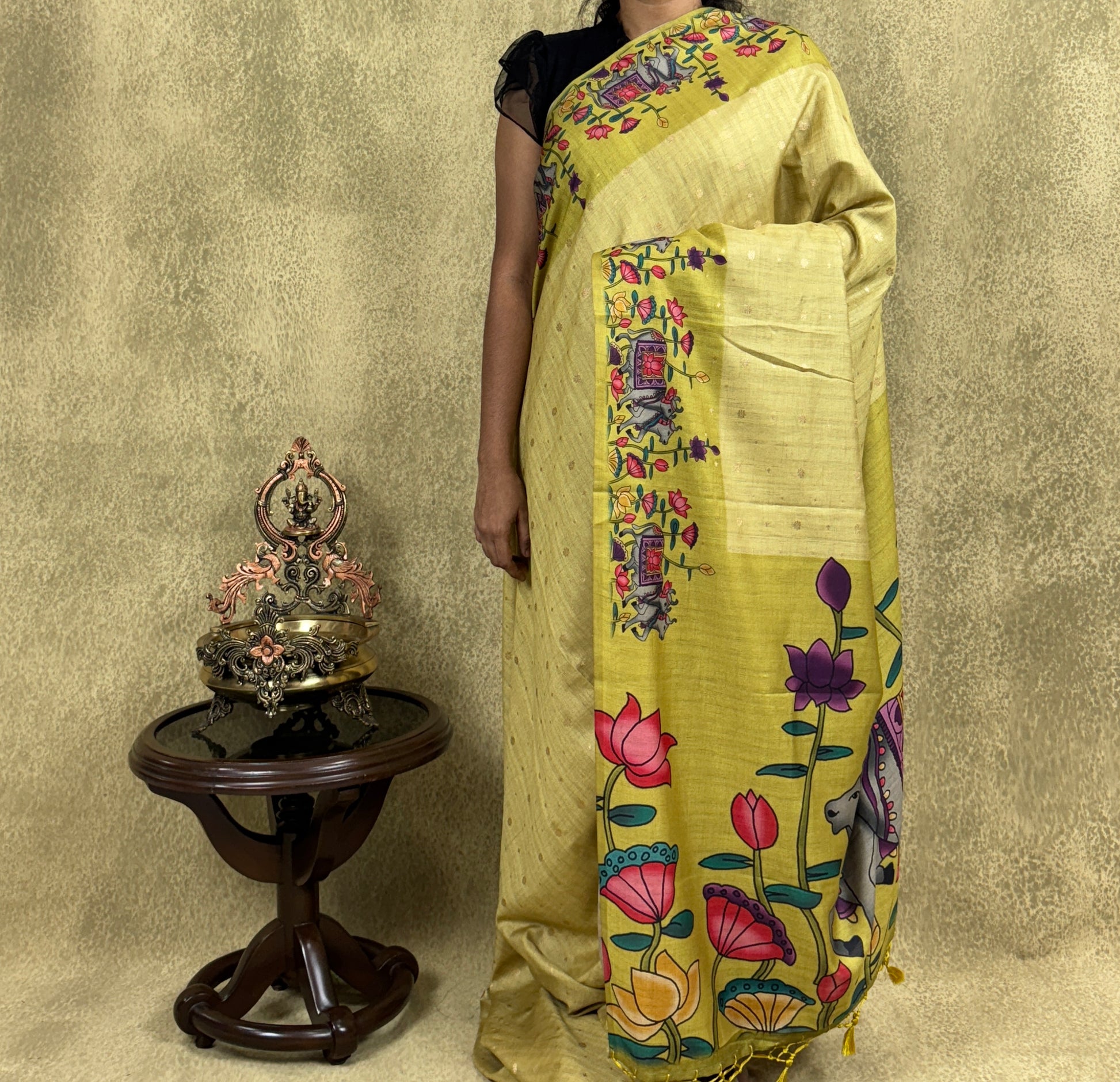 Mustard Green color Saree with Pichwai Print - Raw Silk