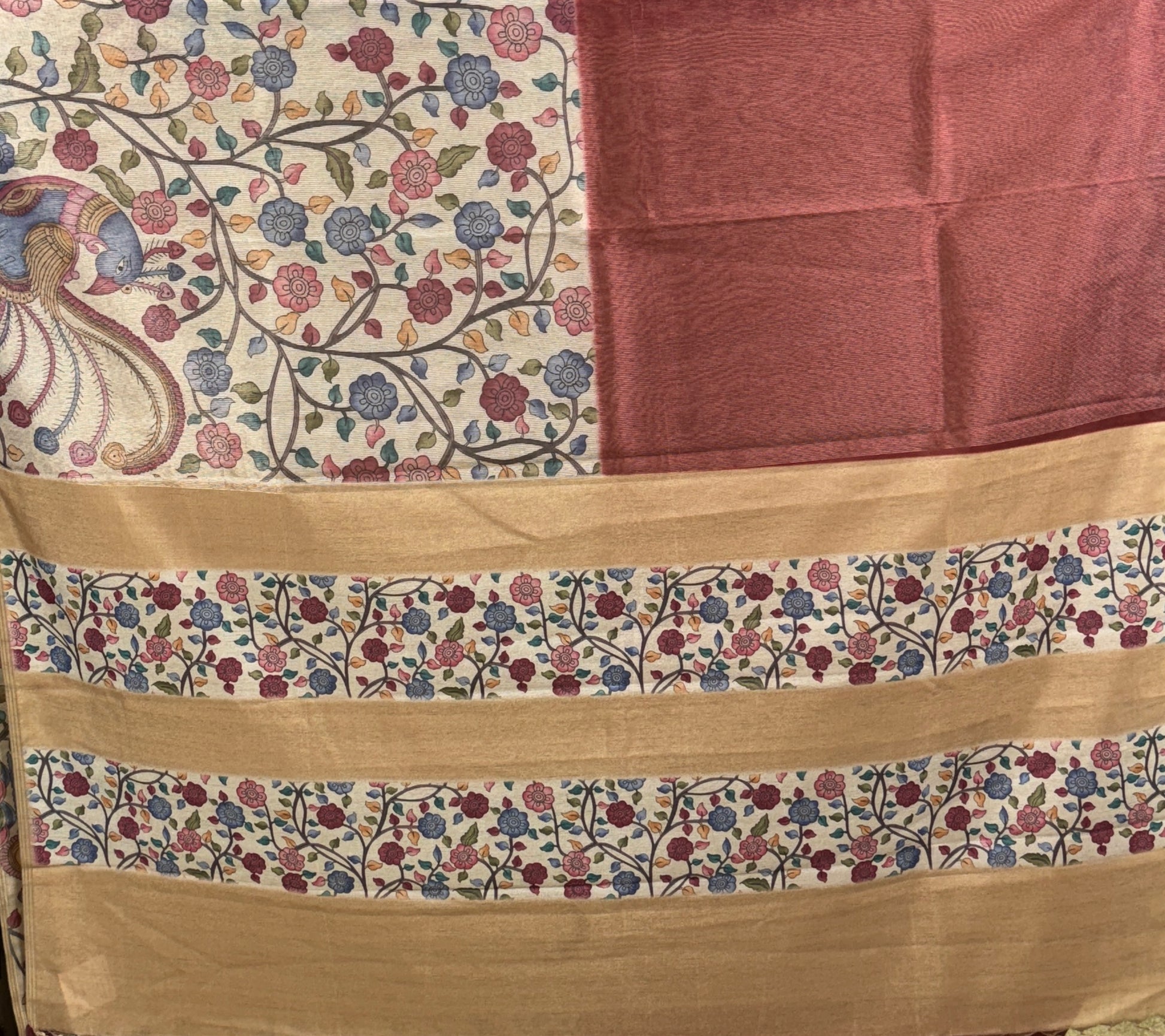 Maroon with Beige - Munga Silk Saree