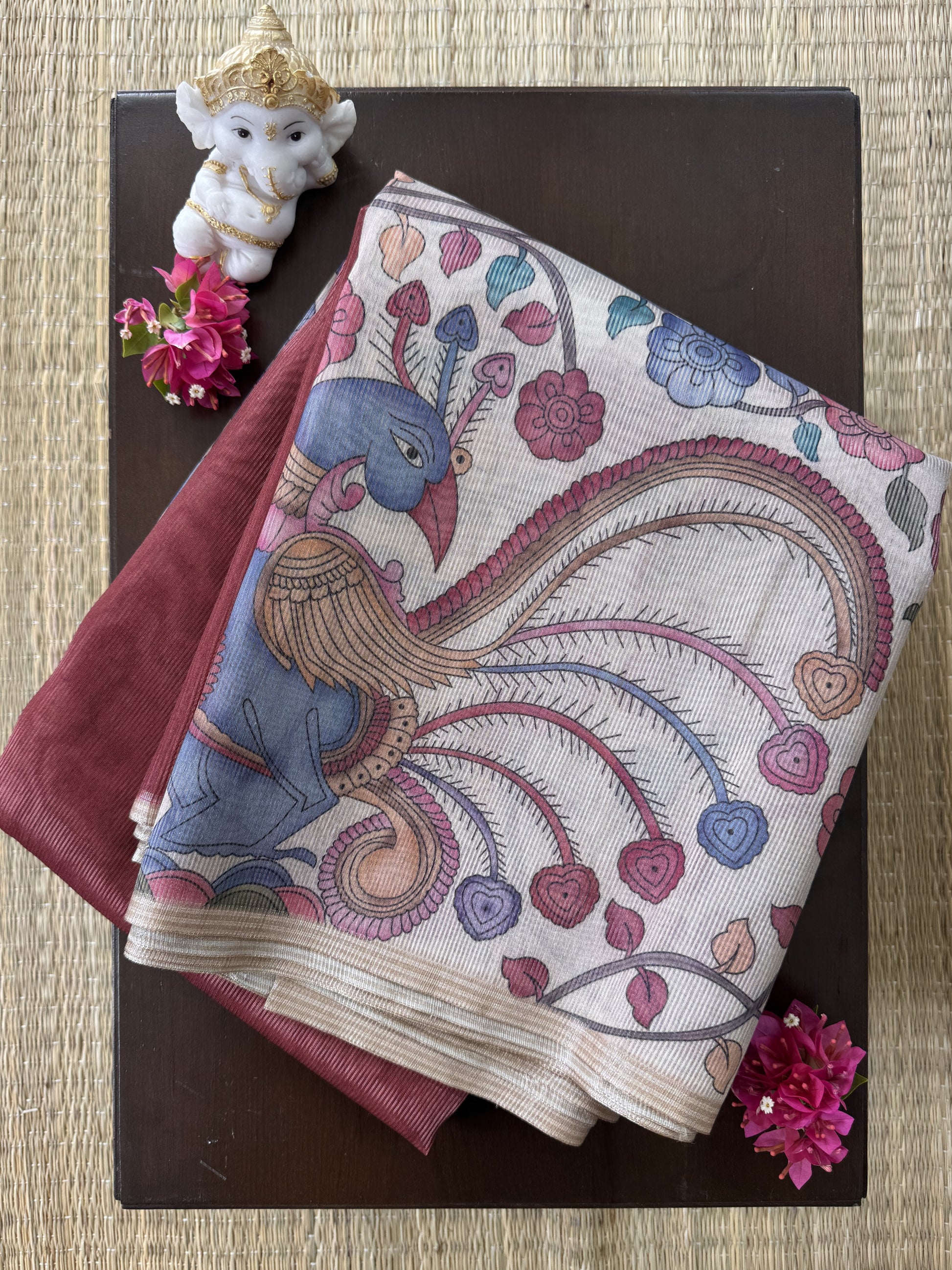 Maroon with Beige - Munga Silk Saree