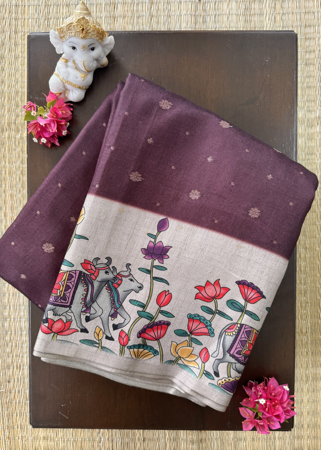 Dark Maroon color Saree with Pichwai Print - Raw Silk