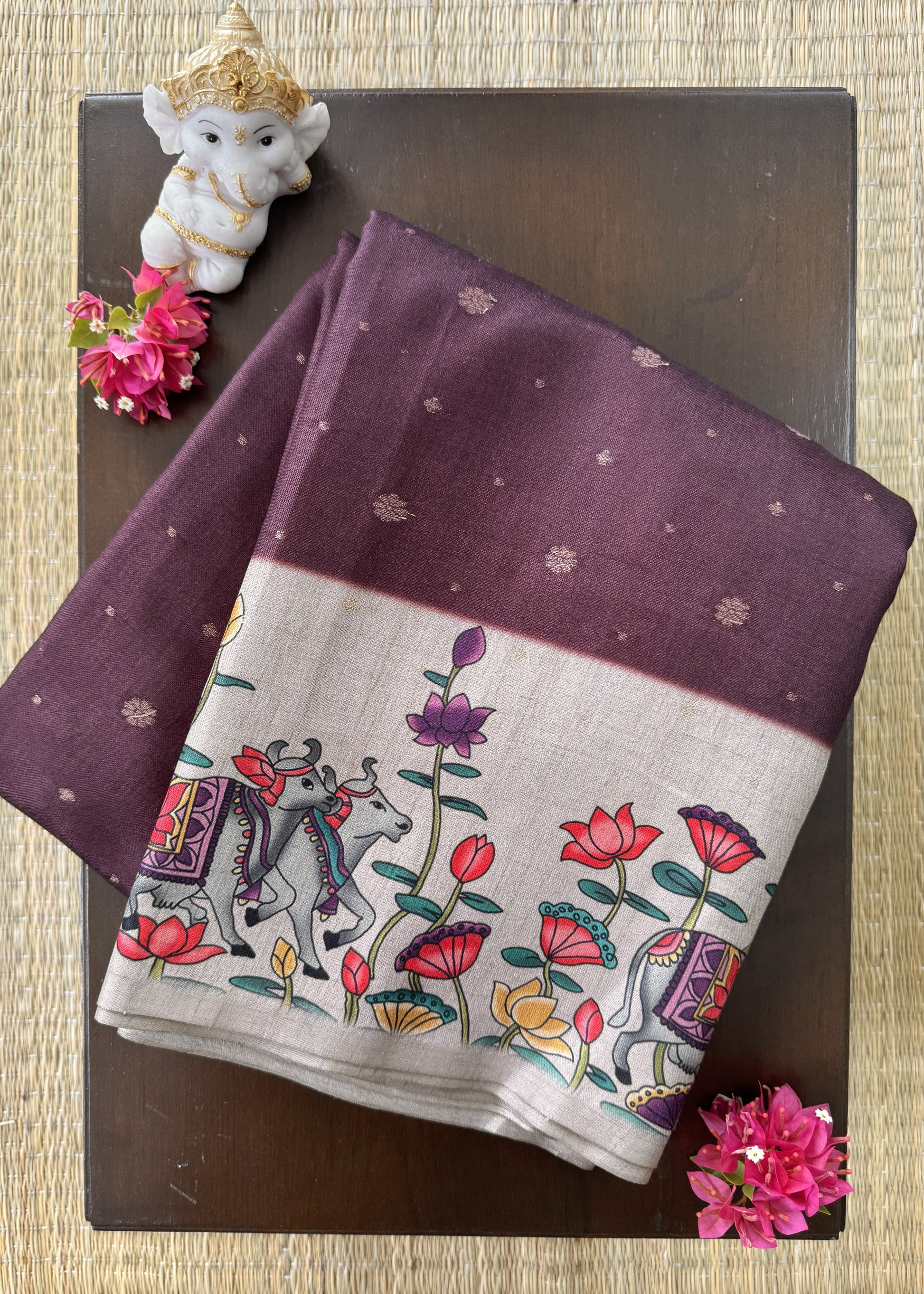 Dark Maroon color Saree with Pichwai Print - Raw Silk