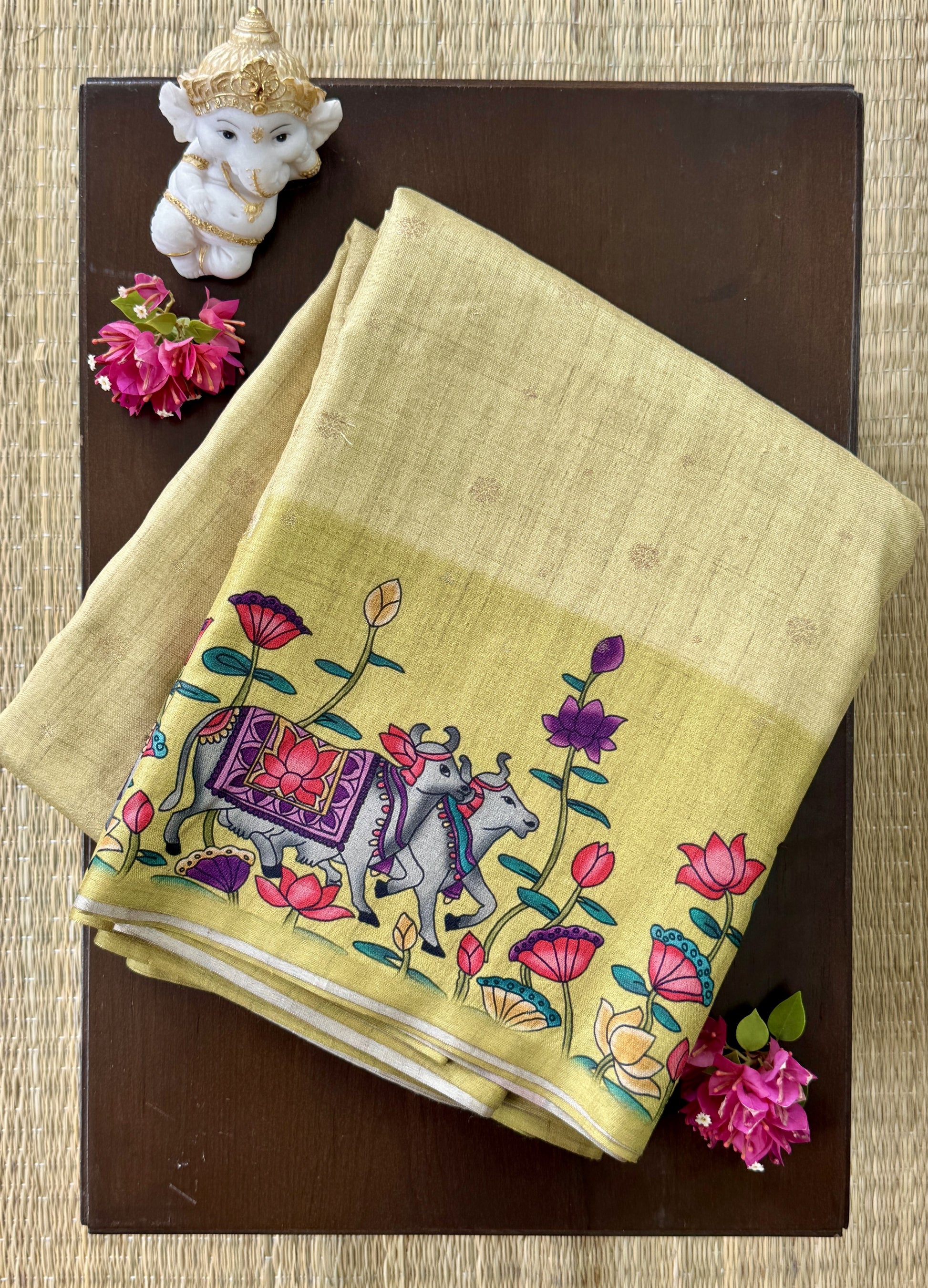 Mustard Green color Saree with Pichwai Print - Raw Silk