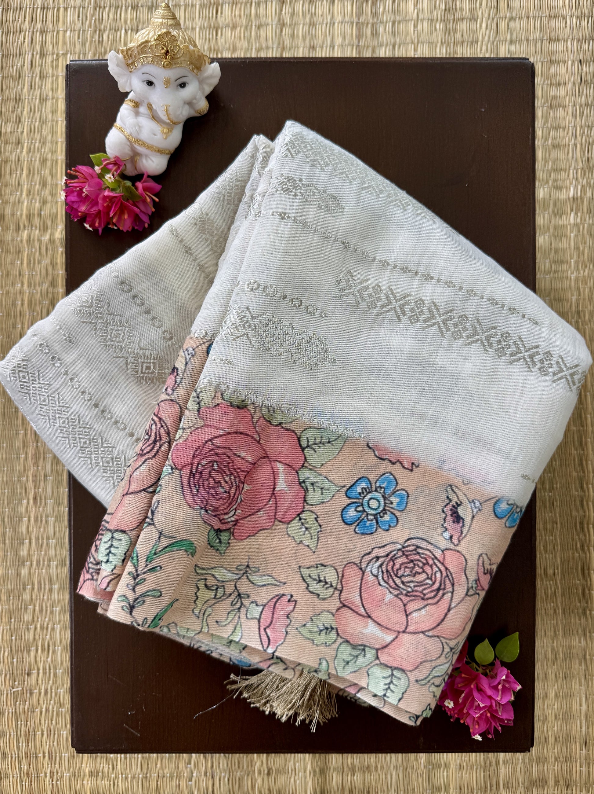 White Saree with Floral Border - Chanderi Silk Saree