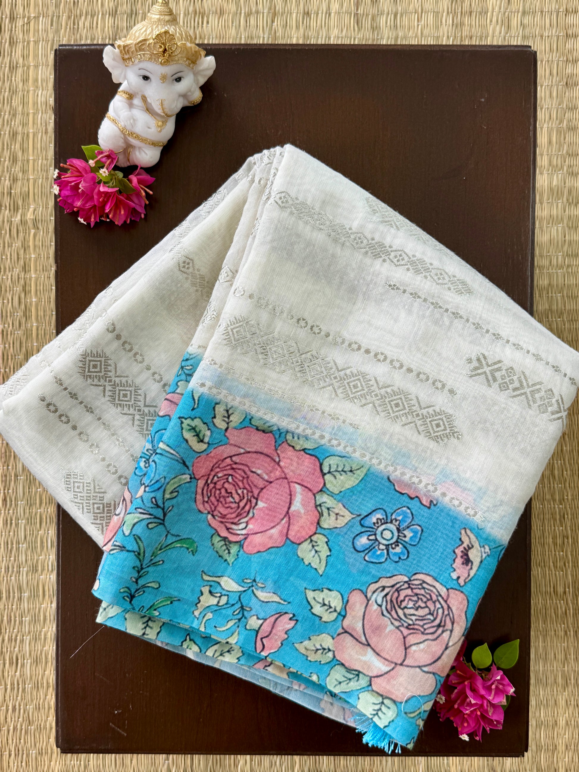 White with Blue Floral Border - Chanderi Silk Saree